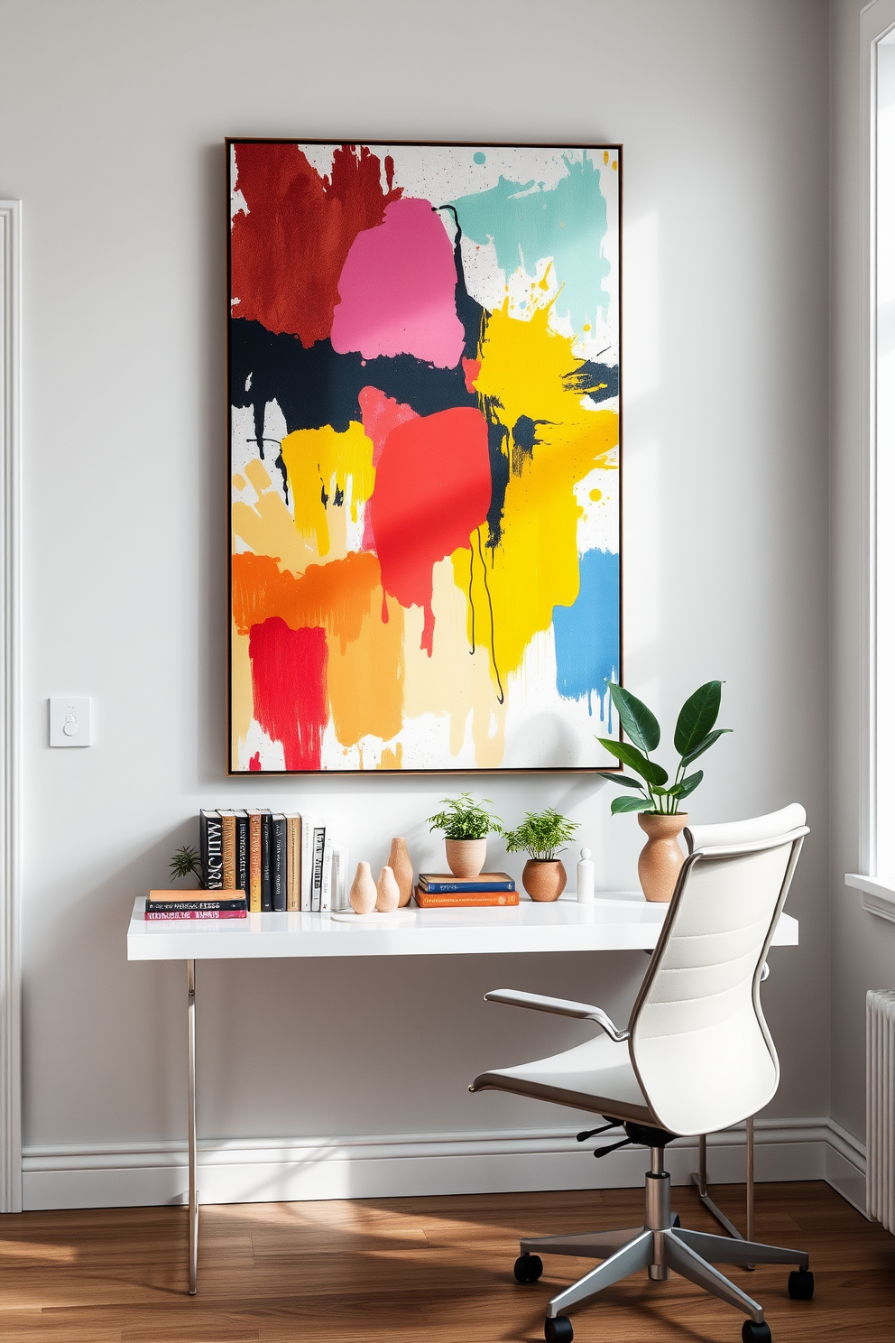 Creative wall art for inspiration. A large abstract painting dominates the wall, featuring vibrant colors that evoke energy and creativity. Below it, a sleek console table displays a collection of curated books and small sculptures that add personality to the space. Minimalist Home Office Design Ideas. A clean white desk sits against a soft gray wall, complemented by a comfortable ergonomic chair in muted tones. Natural light floods the room through a large window, illuminating a few carefully chosen plants that bring a touch of nature indoors.