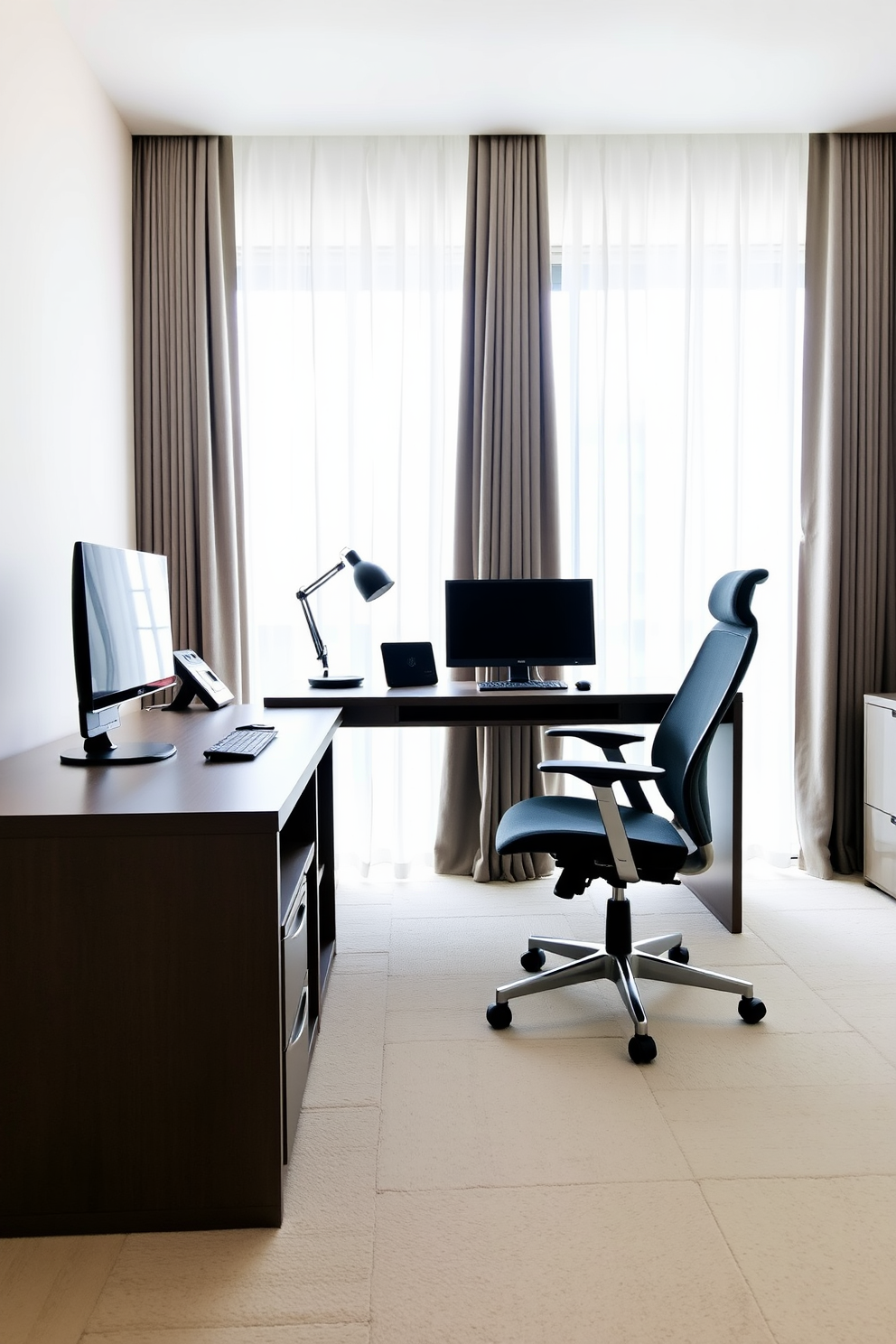 A minimalist home office design featuring a sleek desk with clean lines and a comfortable ergonomic chair. The space is illuminated by natural light streaming through simple curtains that provide both privacy and a soft glow.