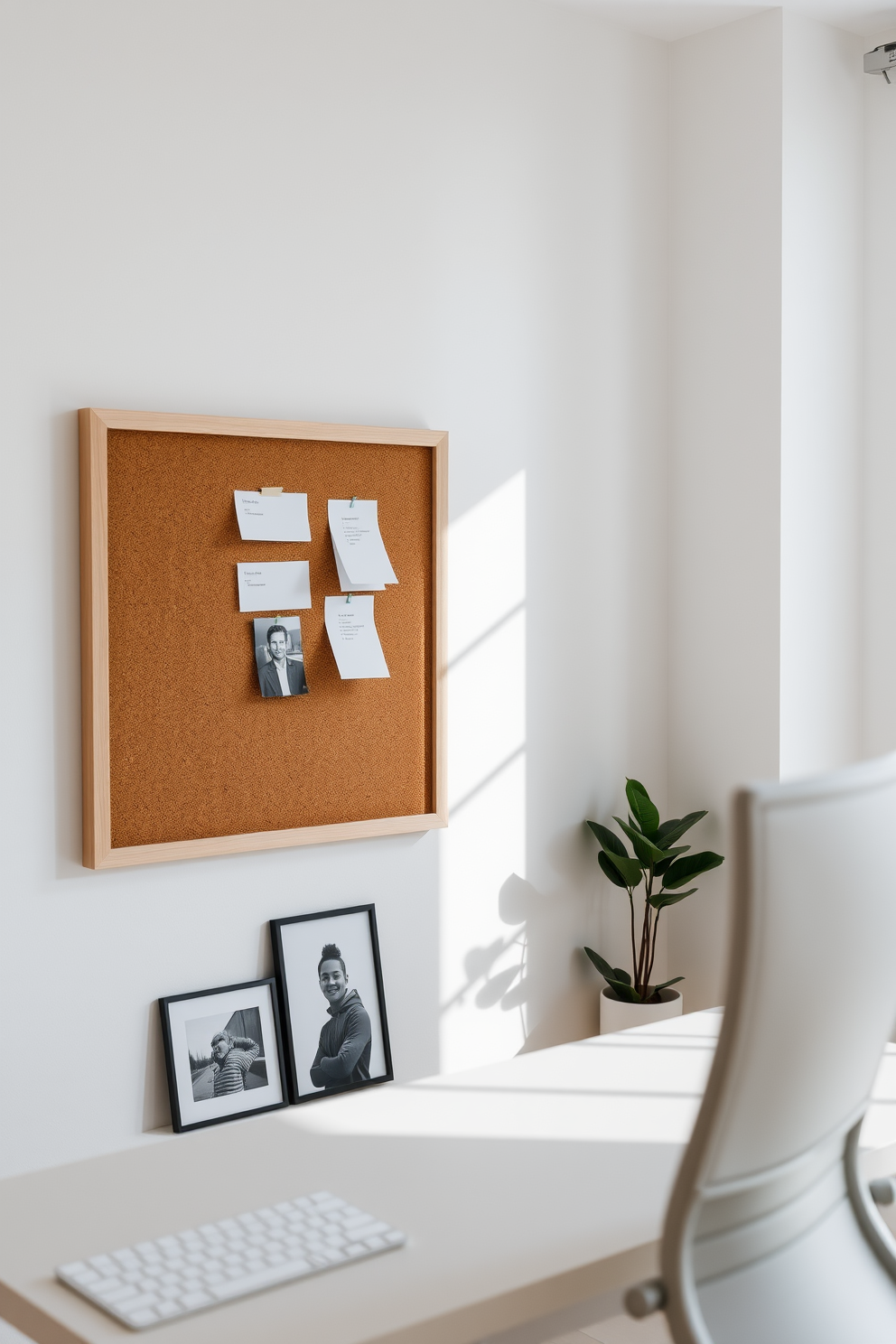 A sleek minimalist home office features a clean white desk with a simple laptop and a stylish minimalist clock mounted on the wall. Natural light floods the space through a large window, illuminating the light wood flooring and a single potted plant in the corner.