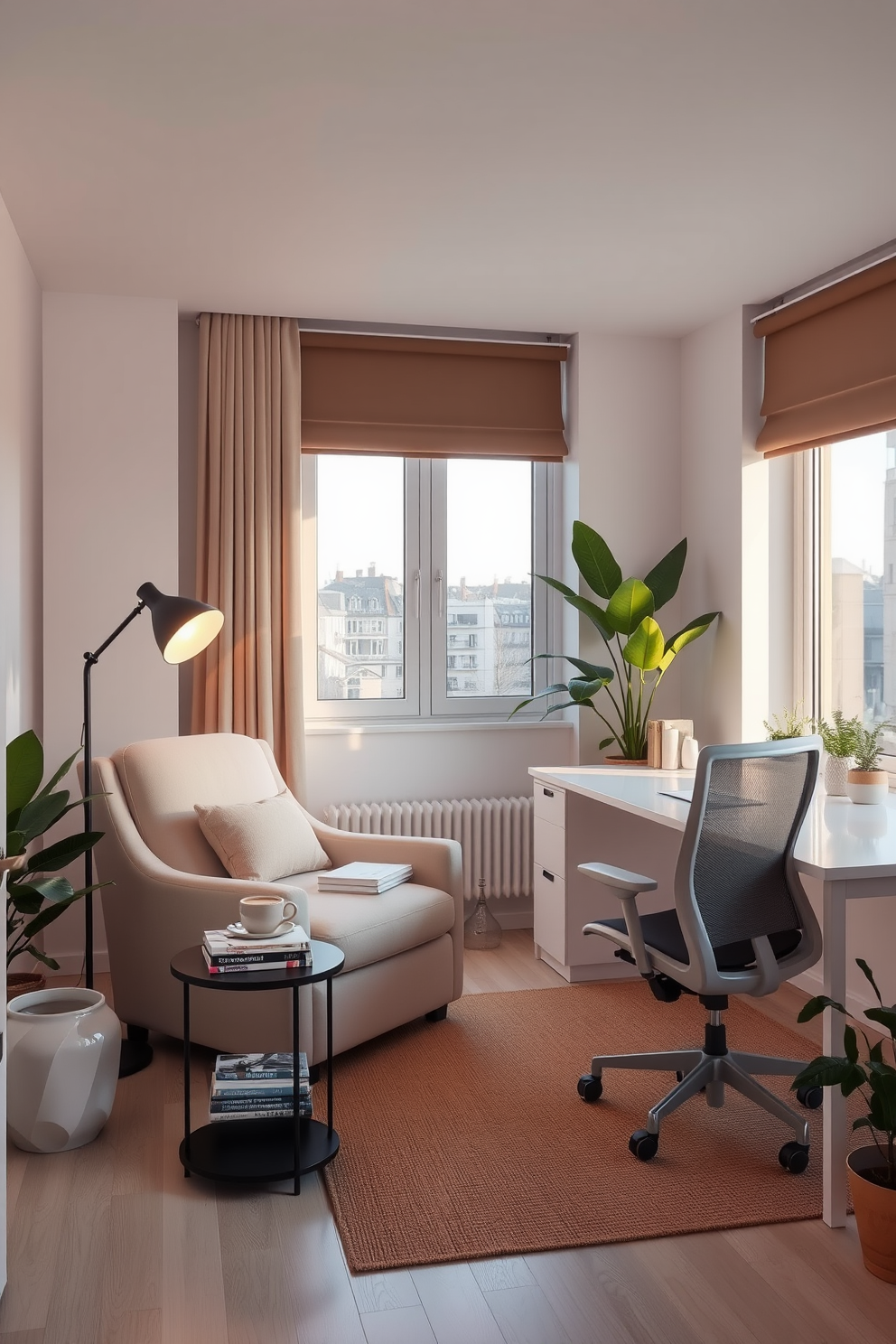 A tranquil corner designed for reading and relaxation features a plush armchair in a soft beige fabric. A small side table holds a stack of books and a steaming cup of tea, while a floor lamp casts a warm glow in the evening light. The minimalist home office showcases a sleek white desk paired with a modern ergonomic chair. Natural light floods the space through large windows, and a few potted plants add a touch of greenery without cluttering the clean lines of the design.