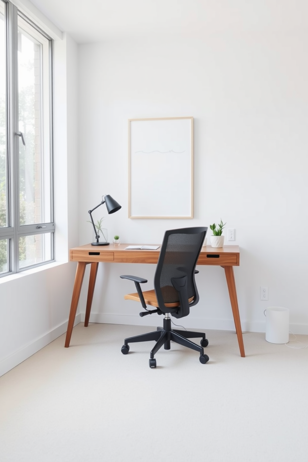 A personalized workspace featuring a sleek wooden desk positioned near a large window that allows natural light to flood the room. The desk is adorned with only a few essential items including a stylish lamp and a small potted plant, creating a serene and uncluttered environment. The walls are painted in a soft white hue, complemented by a minimalist art piece hanging above the desk. A comfortable ergonomic chair sits invitingly, enhancing the overall aesthetic of a modern minimalist home office design.