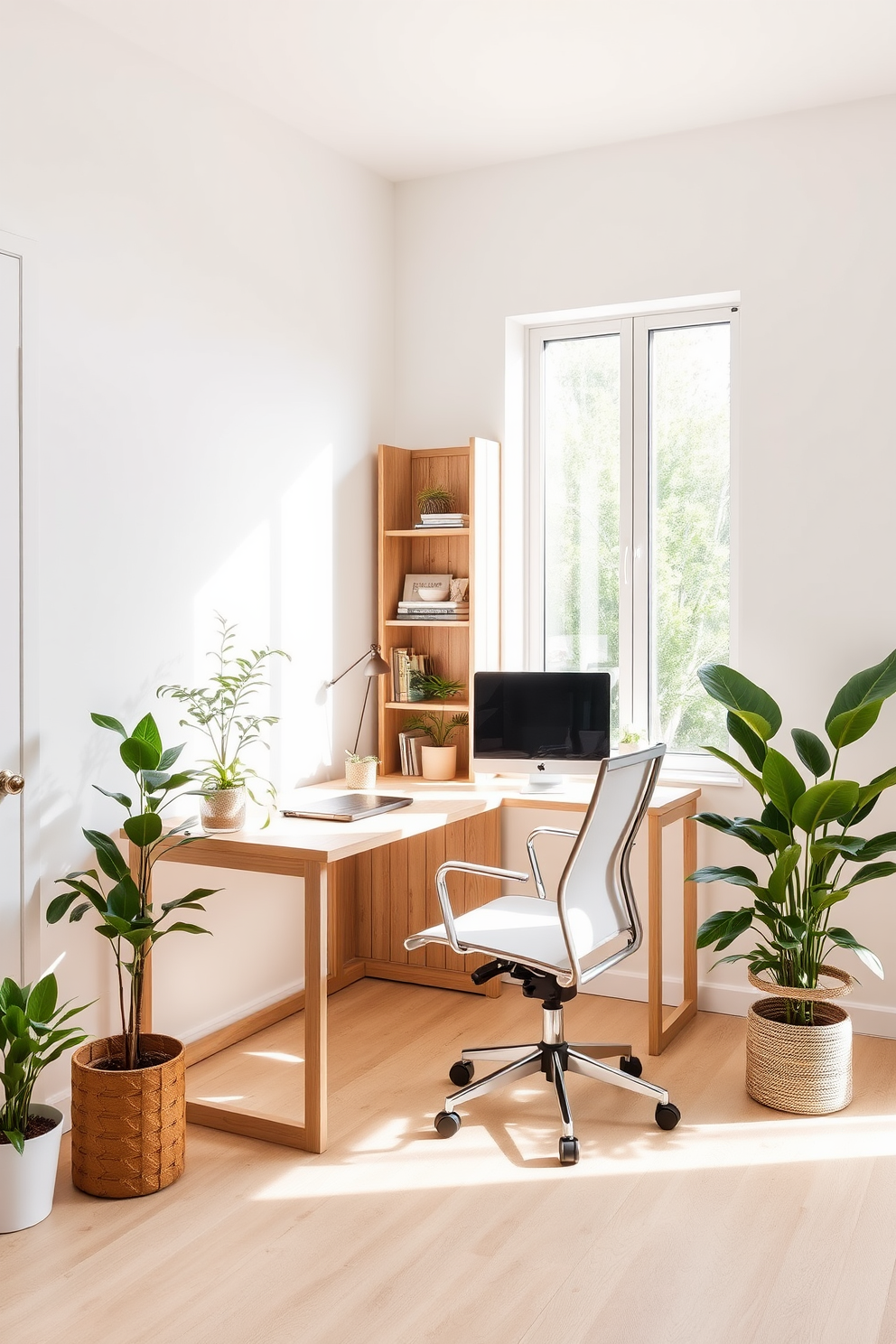 A minimalist home office design featuring natural materials that evoke a serene atmosphere. The workspace includes a light wood desk with clean lines and a comfortable ergonomic chair, surrounded by potted plants that bring a touch of nature indoors. The walls are painted in soft neutral tones, enhancing the calming effect of the space. A large window allows natural light to flood in, illuminating a simple bookshelf made of reclaimed wood that holds a few select books and decorative items.