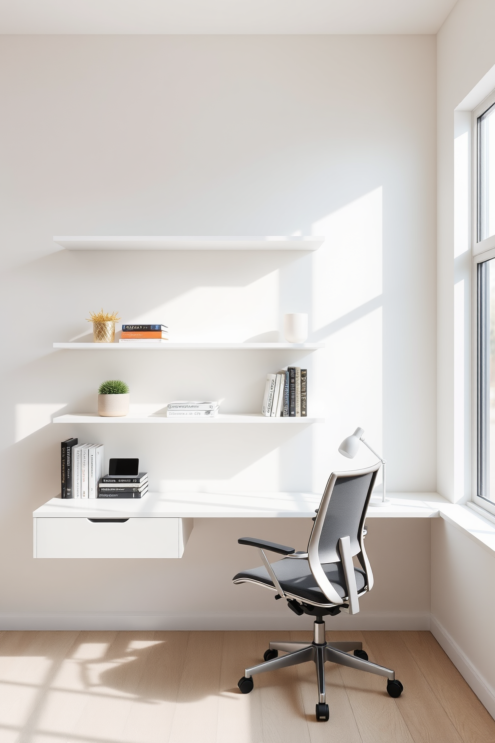 A minimalist home office features open shelving that creates an organized and airy atmosphere. The shelves are filled with neatly arranged books and decorative items, while a sleek desk sits below, complemented by a comfortable ergonomic chair.