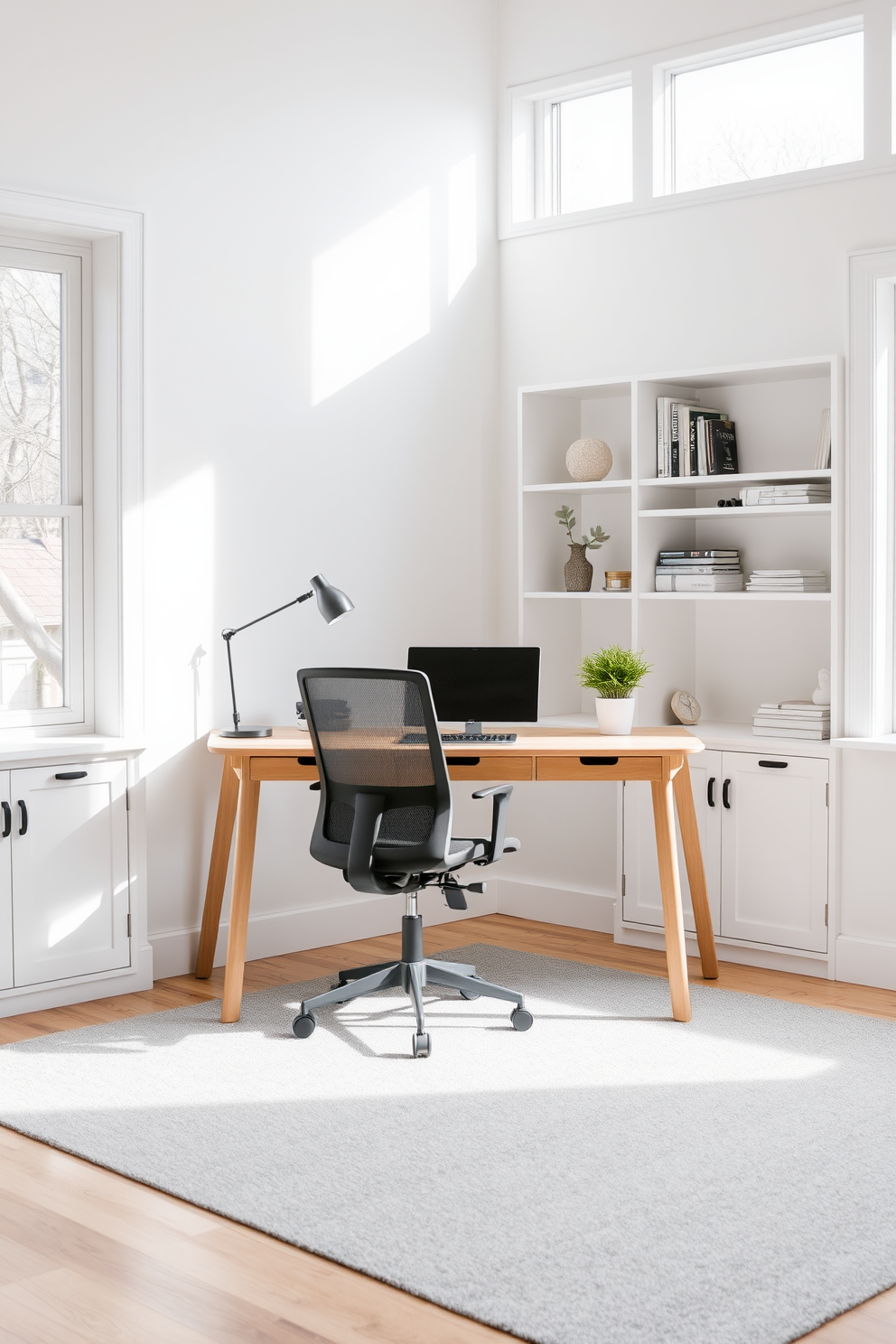 A decluttered workspace designed for increased productivity features a sleek desk made of light wood with clean lines and no unnecessary items. A comfortable ergonomic chair sits in front of the desk, and a single potted plant adds a touch of greenery without overwhelming the space. The minimalist home office design incorporates a neutral color palette with white walls and a soft gray rug underfoot. Large windows provide ample natural light, while open shelving displays only a few select books and decorative items to maintain a tidy appearance.