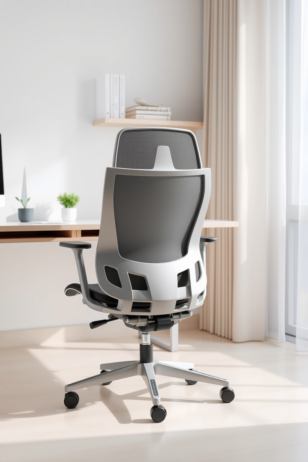 A sleek ergonomic chair designed for optimal comfort and support is positioned at a modern desk. The chair features adjustable settings and a breathable mesh back, complementing the minimalist aesthetic of the home office. The home office design embraces clean lines and a clutter-free environment. A neutral color palette enhances the sense of space, with a simple shelf holding a few essential books and a small plant for a touch of greenery.