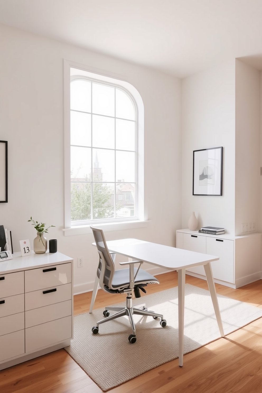 A minimalist home office featuring a large window that floods the space with natural light. The room has a sleek white desk with a comfortable ergonomic chair and a few carefully selected decorative items.