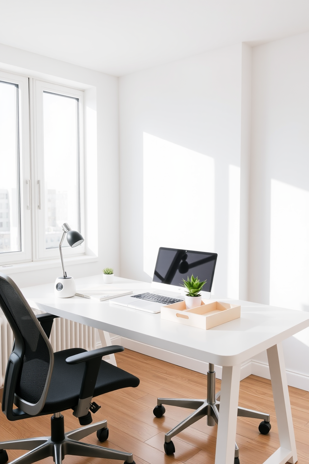 A collection of minimalist desk accessories designed for optimal organization. The set includes a sleek pen holder, a simple document tray, and a small potted plant for a touch of greenery. A serene minimalist home office featuring a clean white desk and a comfortable ergonomic chair. Natural light floods the space through large windows, highlighting the uncluttered surfaces and neutral color palette.