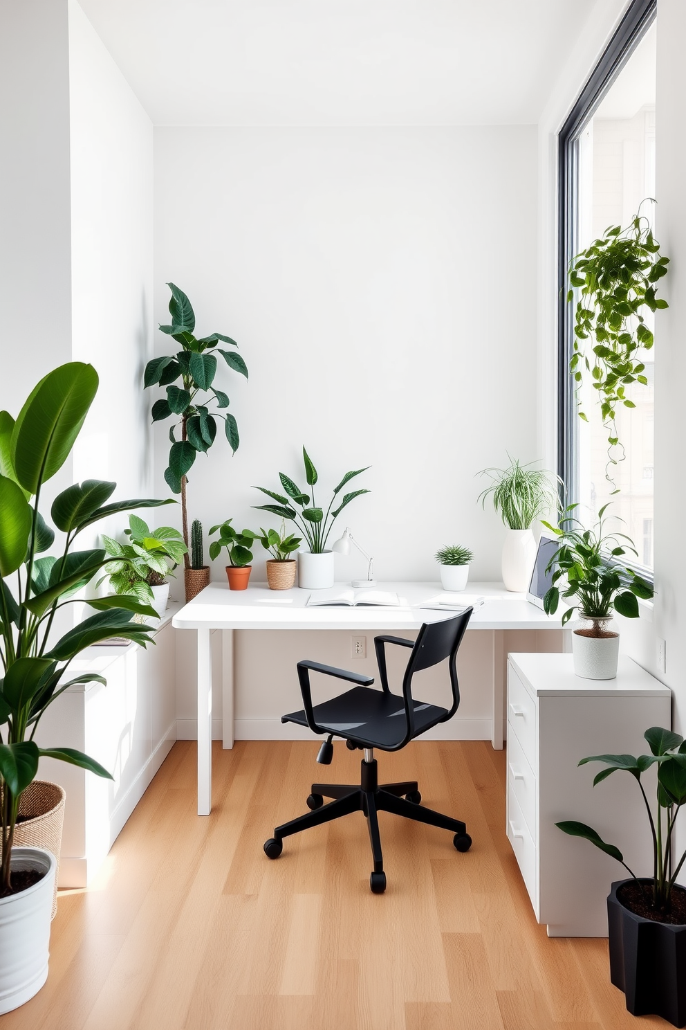 A serene minimalist home office featuring a sleek white desk with a simple black chair. The space is adorned with various indoor plants that bring a touch of nature and freshness to the environment. Natural light floods the room through a large window, highlighting the clean lines and uncluttered surfaces. A small bookshelf against the wall holds a few select books and decorative items, enhancing the tranquil atmosphere.