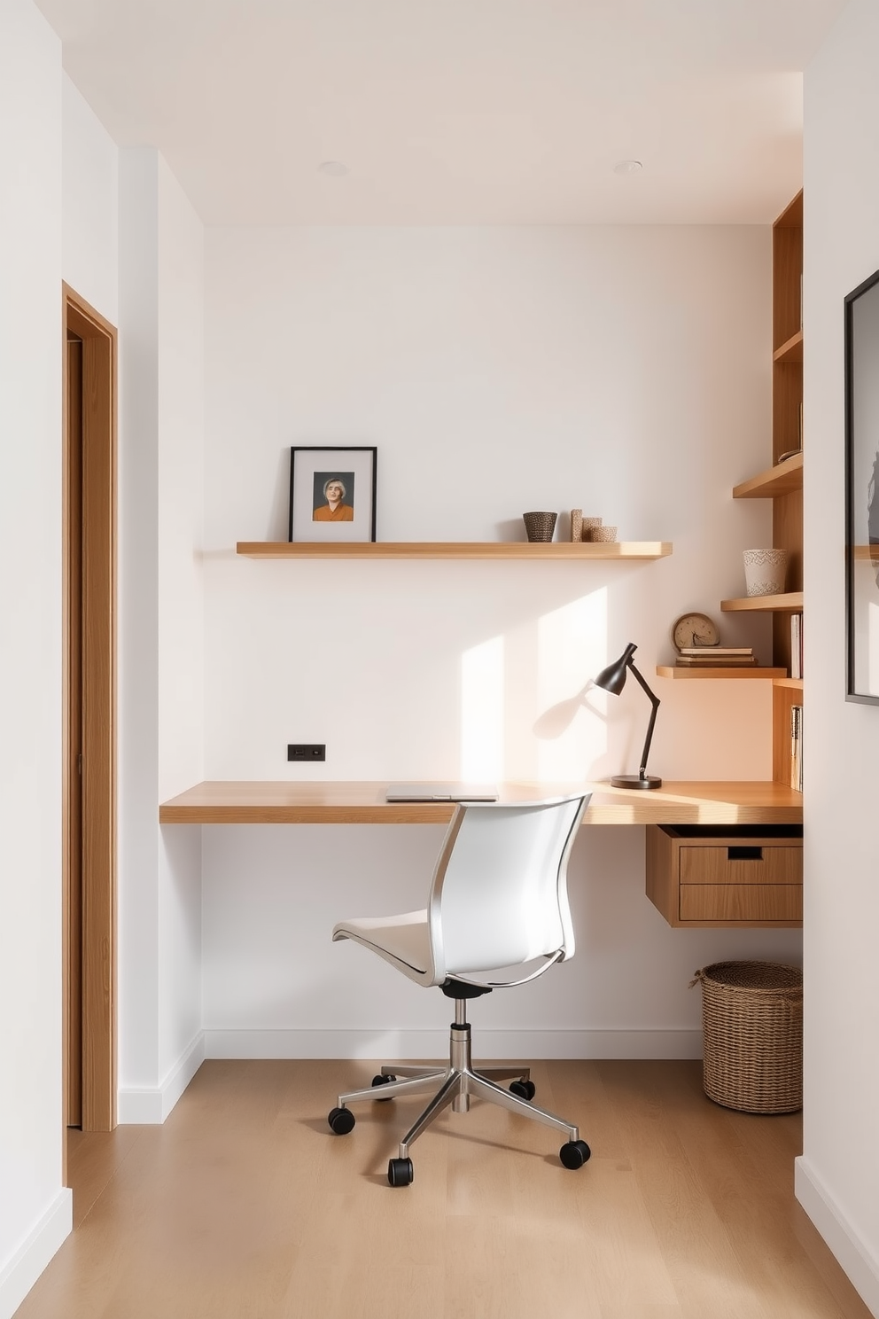 A collection of simple wall art pieces is arranged in a grid pattern on a light gray wall. The artwork features soft pastel colors and abstract designs that add subtle interest without overwhelming the space. The minimalist home office design includes a sleek white desk paired with a comfortable ergonomic chair. Natural light floods the room through a large window, highlighting the uncluttered workspace with a few carefully chosen decorative elements.