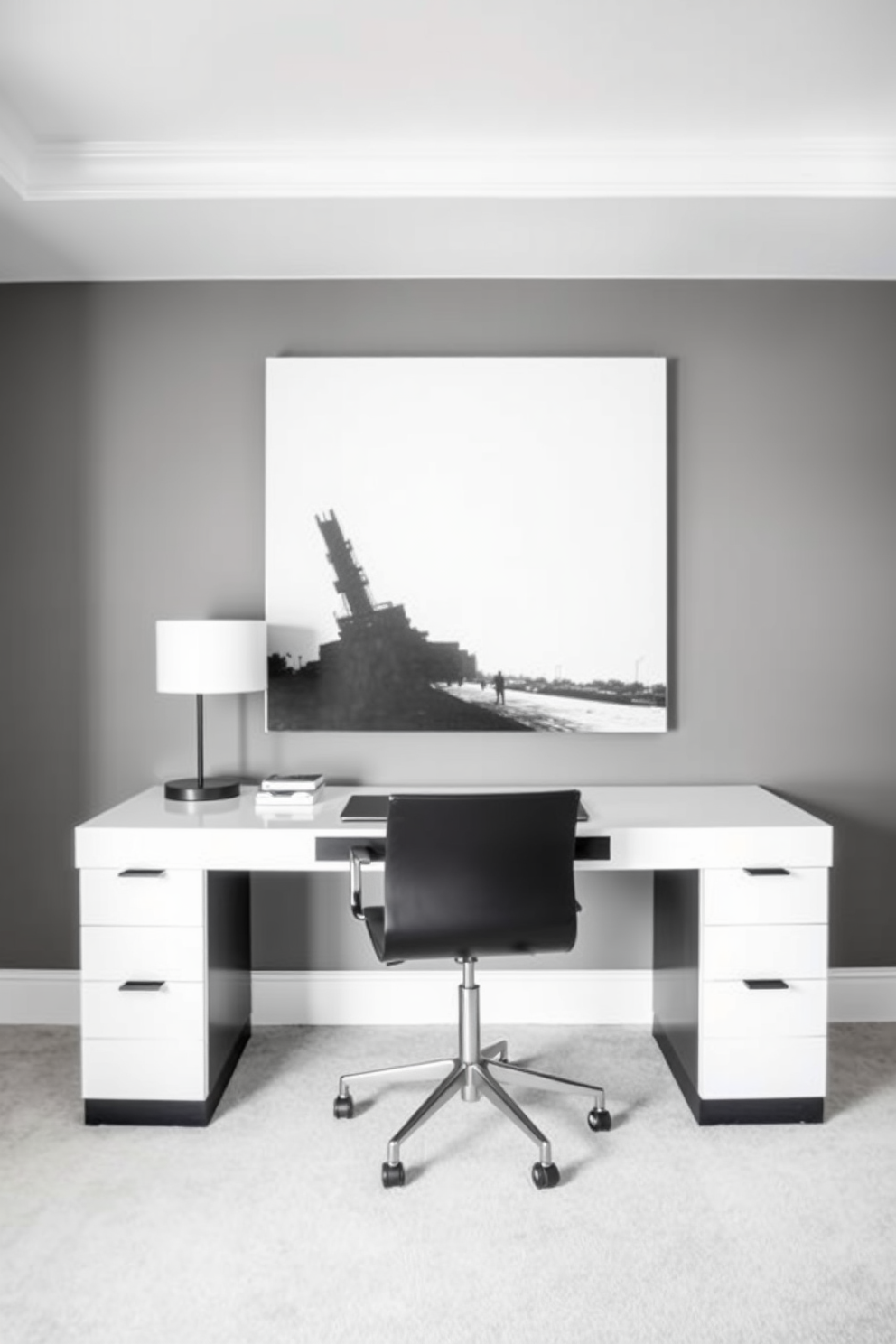 A minimalist home office design featuring floating shelves that save floor space. The walls are painted in a soft white, and a simple wooden desk is positioned under the shelves, creating an open and airy atmosphere.