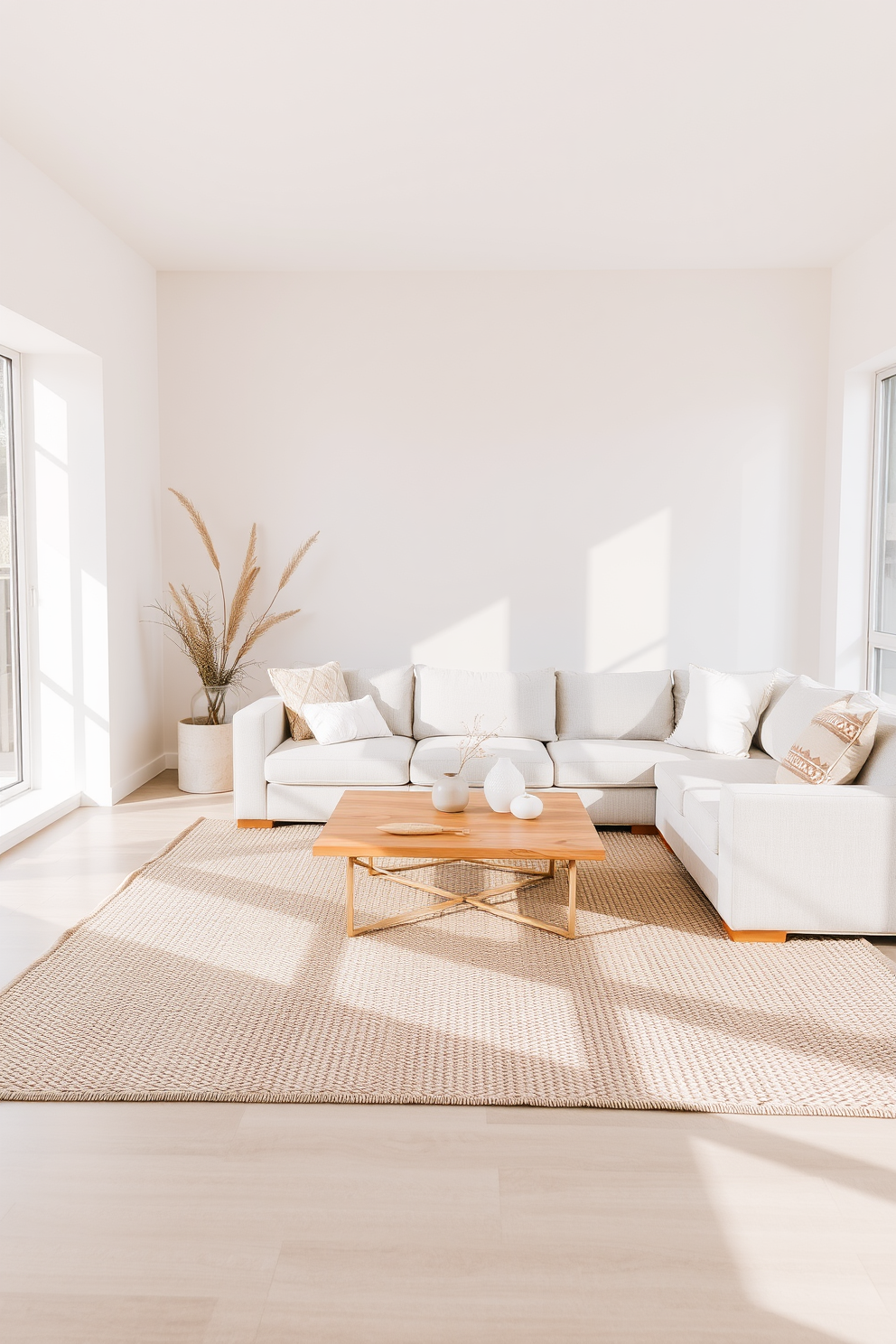 A minimalist living room featuring a neutral color palette with soft beige walls and a light gray sofa. Textured accents include a woven area rug and decorative pillows in varying shades of cream and taupe. A sleek coffee table made of natural wood sits in the center, complemented by a few carefully chosen decorative items. Large windows allow natural light to fill the space, enhancing the airy and open atmosphere.