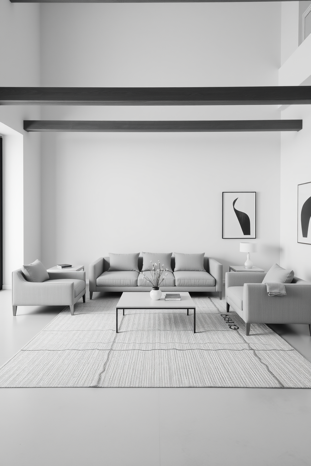 A minimalist living room featuring a monochromatic color scheme that creates a cohesive and serene atmosphere. The space includes a sleek, low-profile sofa in soft gray, accompanied by a matching armchair and a simple coffee table with clean lines. The walls are painted in a slightly lighter shade of gray, enhancing the sense of openness. A large area rug in a subtle pattern anchors the seating area, while minimalistic artwork in black and white adorns the walls.