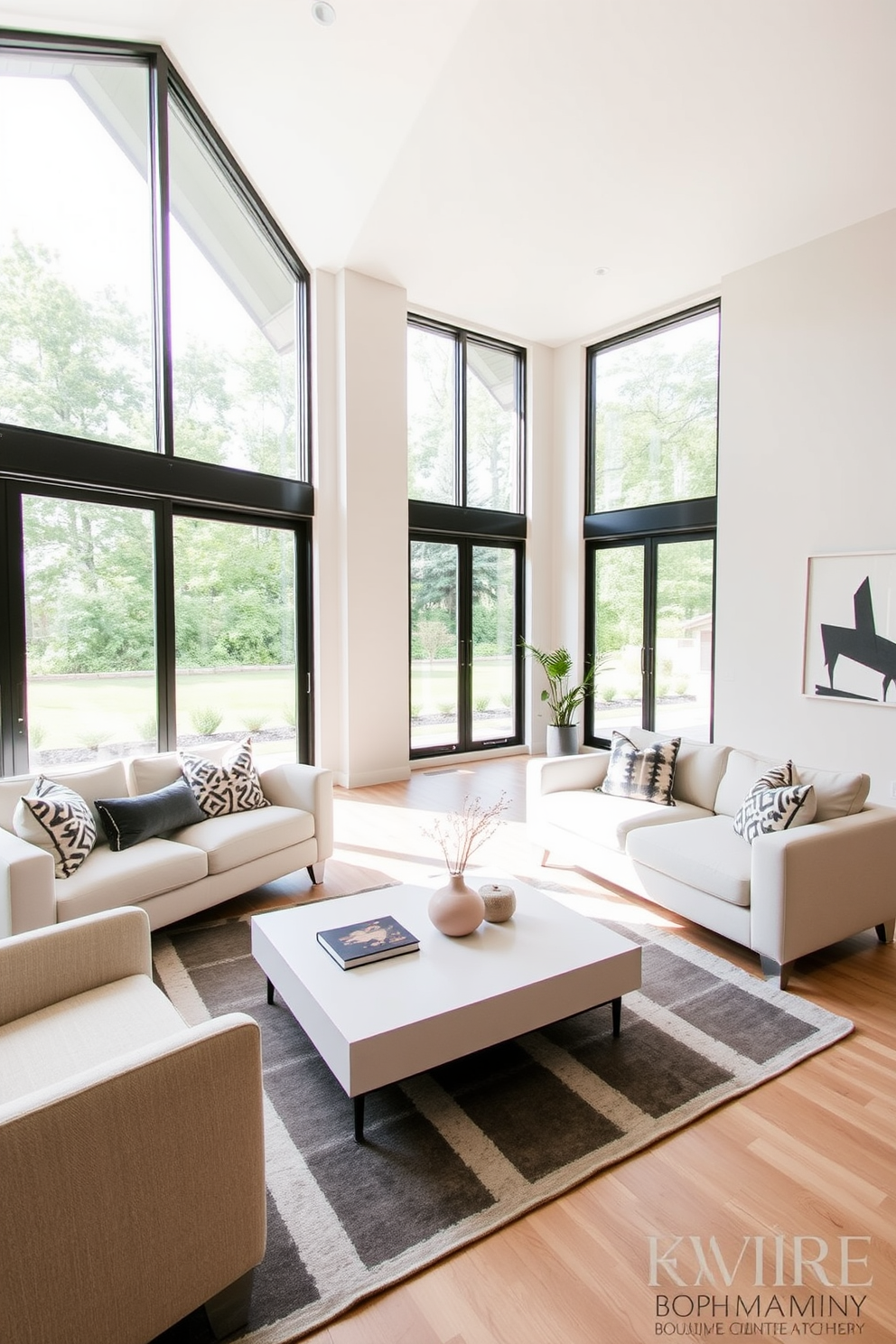 A serene minimalist living room featuring a large sectional sofa in a neutral tone facing a sleek coffee table made of glass and metal. Floor-to-ceiling windows allow natural light to flood the space, complemented by a few strategically placed indoor plants that bring a touch of nature indoors. The walls are painted in a soft white hue, creating a bright and airy atmosphere. A simple area rug in a light color anchors the seating area, while minimalist artwork adorns the walls, enhancing the overall elegance of the design.