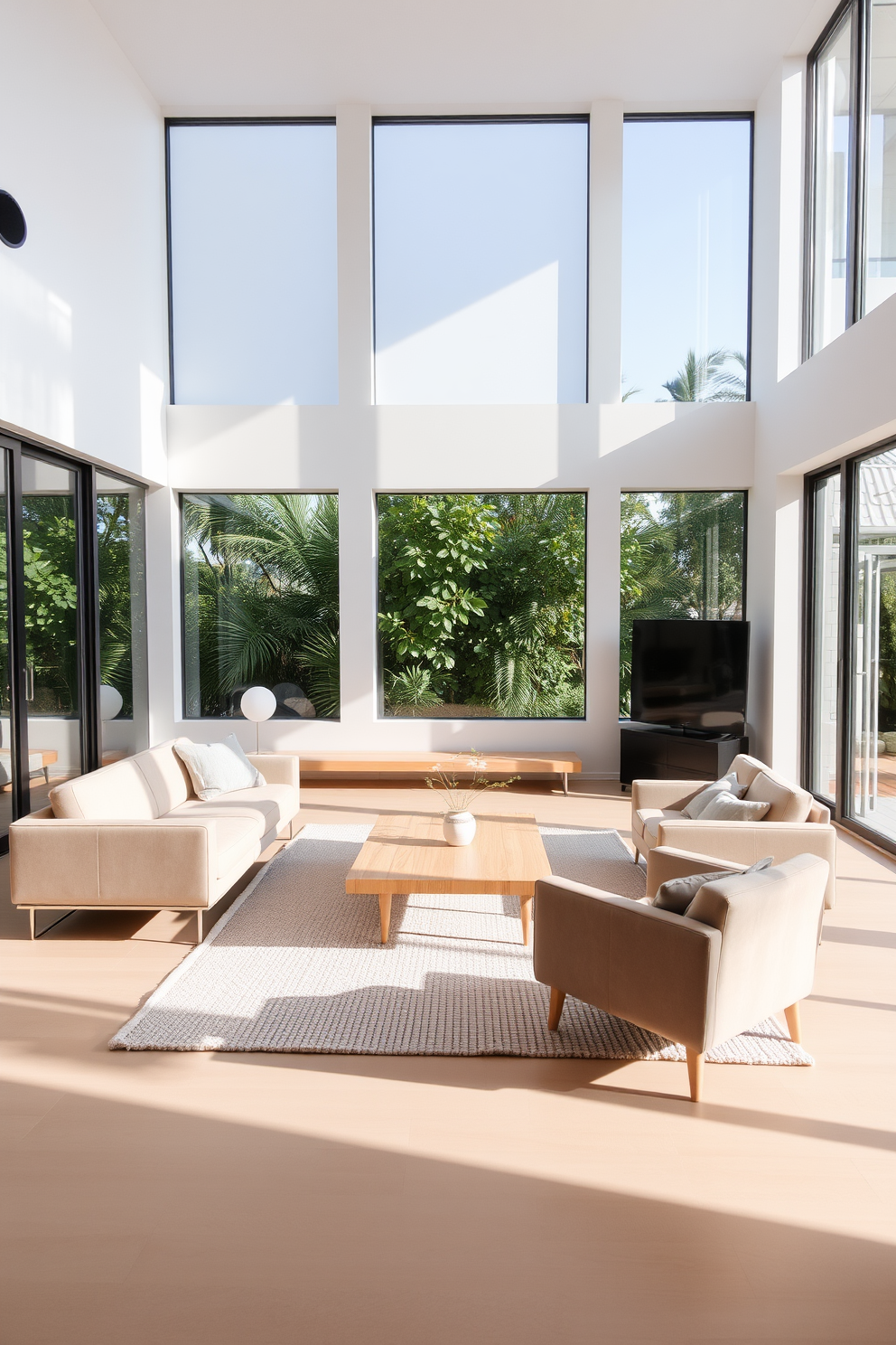 A minimalist living room featuring low-profile seating that enhances the airy atmosphere. The furniture includes a sleek, low sofa and a pair of understated armchairs, all in neutral tones. Large windows allow natural light to flood the space, highlighting the simplicity of the design. A light wood coffee table sits in the center, complemented by a soft area rug that adds warmth to the room.