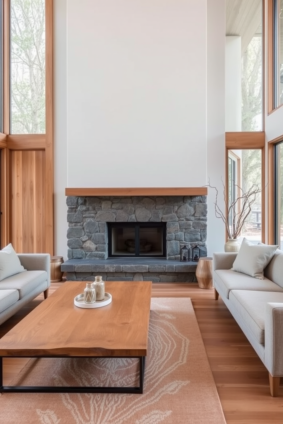 A minimalist living room featuring natural materials like wood and stone. The space includes a sleek wooden coffee table and a stone fireplace as the focal point, surrounded by neutral-toned furniture. Large windows allow natural light to flood the room, highlighting the organic textures of the decor. A soft area rug in earthy tones anchors the seating area, creating a warm and inviting atmosphere.