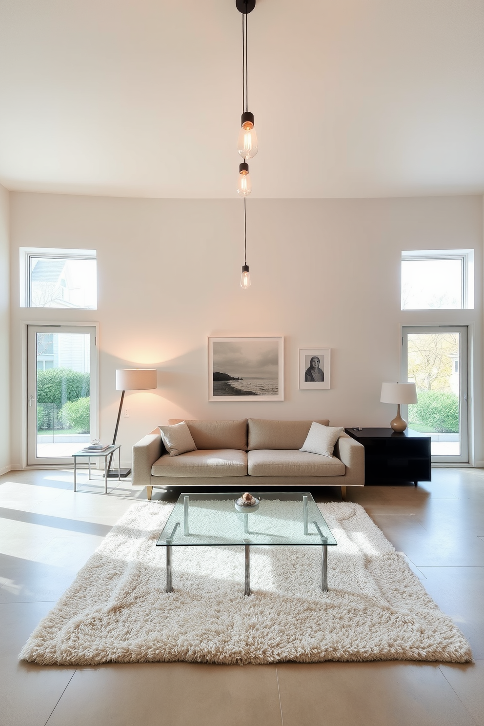 A minimalist living room with a soft color palette featuring a sleek low-profile sofa and a glass coffee table. Simple lighting fixtures hang from the ceiling, casting a warm glow over the space, enhancing the elegance of the design. The walls are adorned with subtle artwork that complements the minimalist theme, while a plush area rug anchors the seating arrangement. Large windows allow natural light to flood the room, creating an inviting and airy atmosphere.