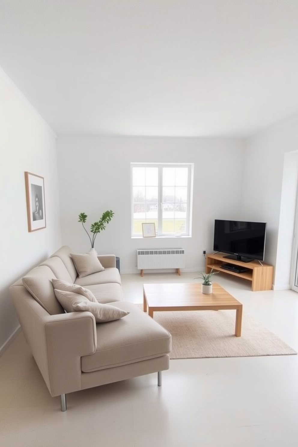 A minimalist living room with decluttered surfaces creates a tidy and serene atmosphere. The space features a sleek, low-profile sofa in a neutral color, paired with a simple coffee table made of light wood. Large windows allow natural light to flood the room, enhancing the airy feel. A few carefully chosen decorative items, such as a single plant and a minimalist artwork, are placed strategically to maintain the uncluttered aesthetic.