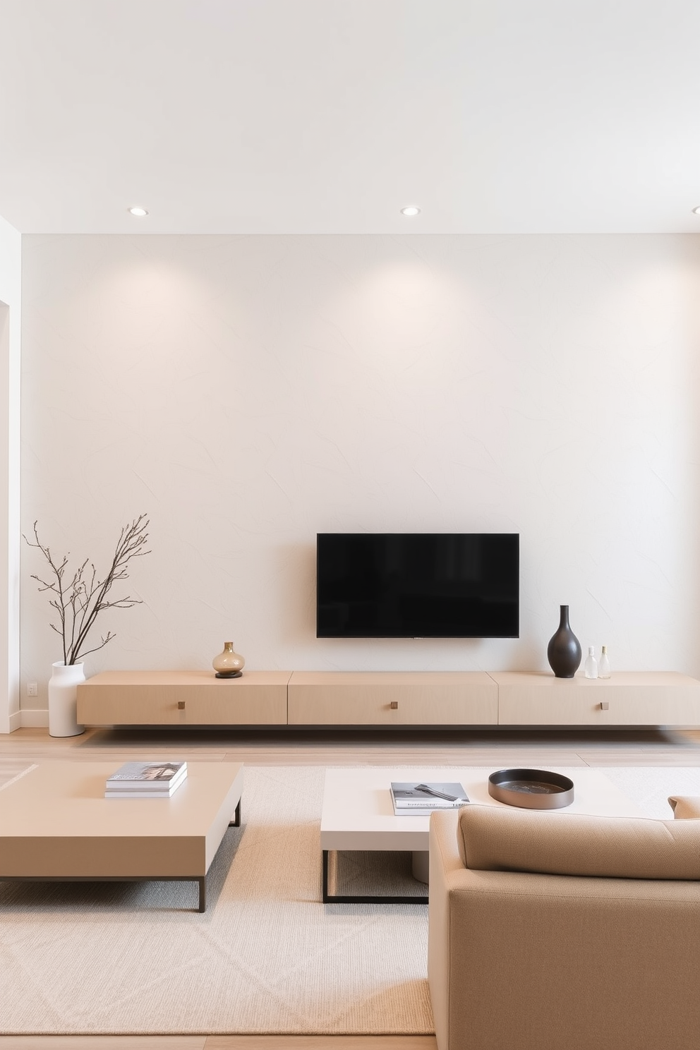 A minimalist living room featuring an accent wall with a subtle texture. The space is adorned with a sleek sofa, a low coffee table, and a few carefully selected decorative items that enhance the simplicity of the design.