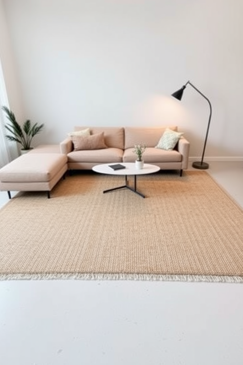 A minimalist living room featuring a sleek modern fireplace as the focal point. The space is adorned with a neutral color palette, complemented by a plush area rug and low-profile furniture for an airy feel.