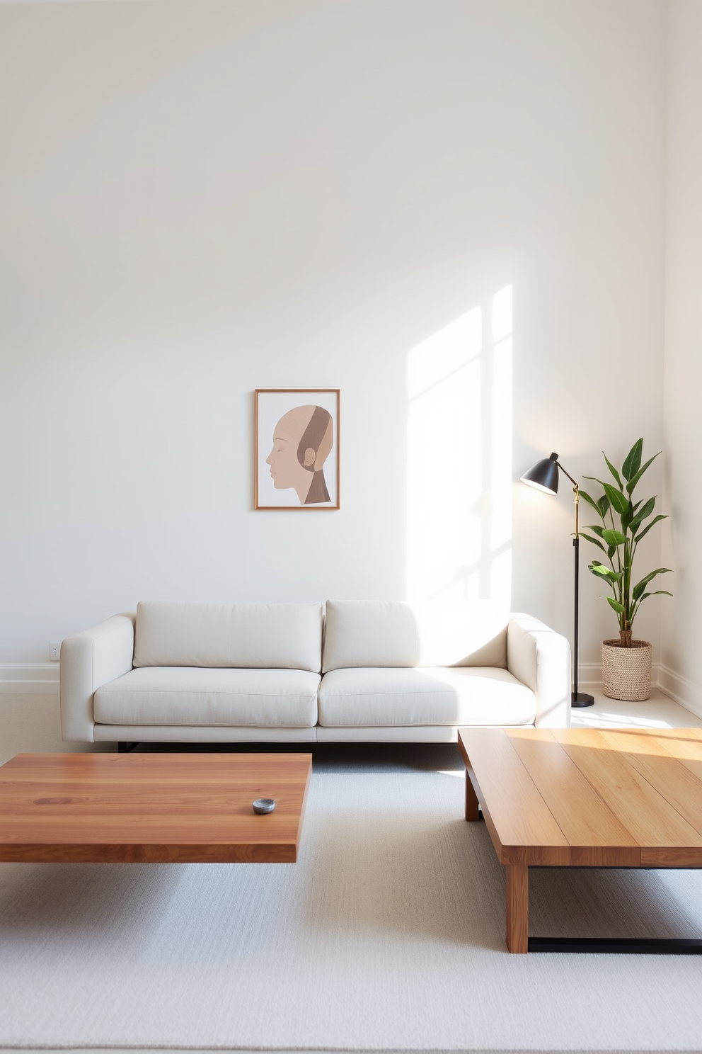 A minimalist living room features a sleek, low-profile sofa in a neutral tone paired with a simple wooden coffee table. Soft lighting from strategically placed floor lamps creates a warm ambiance, enhancing the room's inviting feel. The walls are painted in a light color, allowing natural light to reflect and brighten the space. A few carefully selected decorative elements, such as a single piece of artwork and a plant, add personality without overwhelming the design.