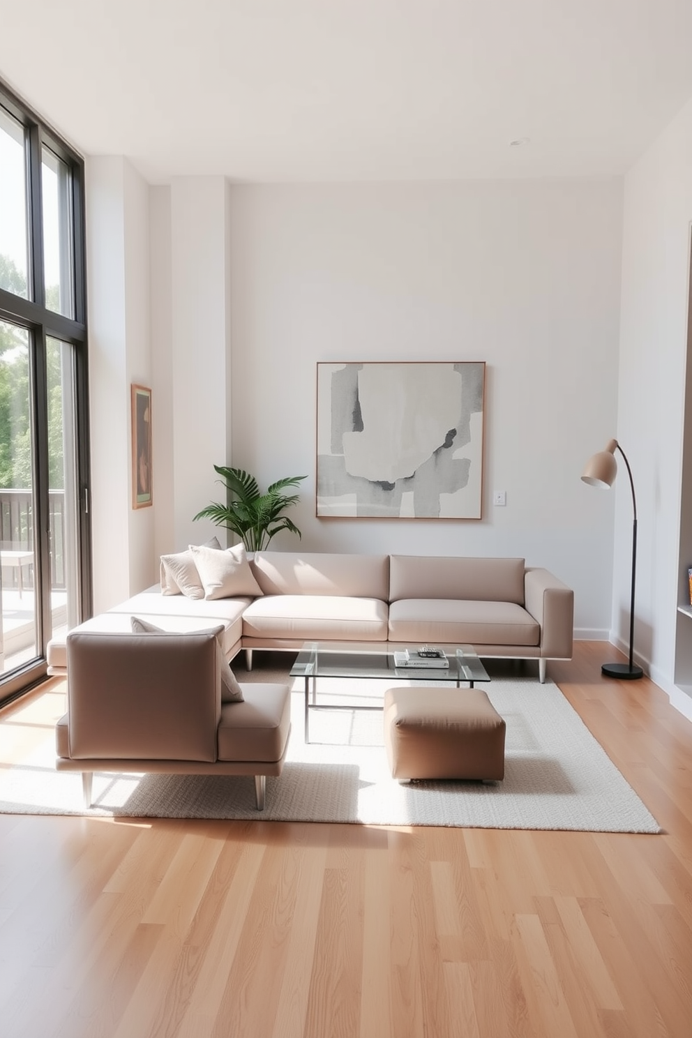 Sleek furniture with clean lines defines the space, featuring a low-profile sofa in a neutral color paired with a glass coffee table. The walls are adorned with abstract art, and a large window allows natural light to flood the room, highlighting the simplicity of the design. A minimalist approach is emphasized with a few carefully selected decor pieces, including a sculptural floor lamp and a single potted plant in the corner. The flooring is a light hardwood, creating warmth and contrast against the cool tones of the furnishings.