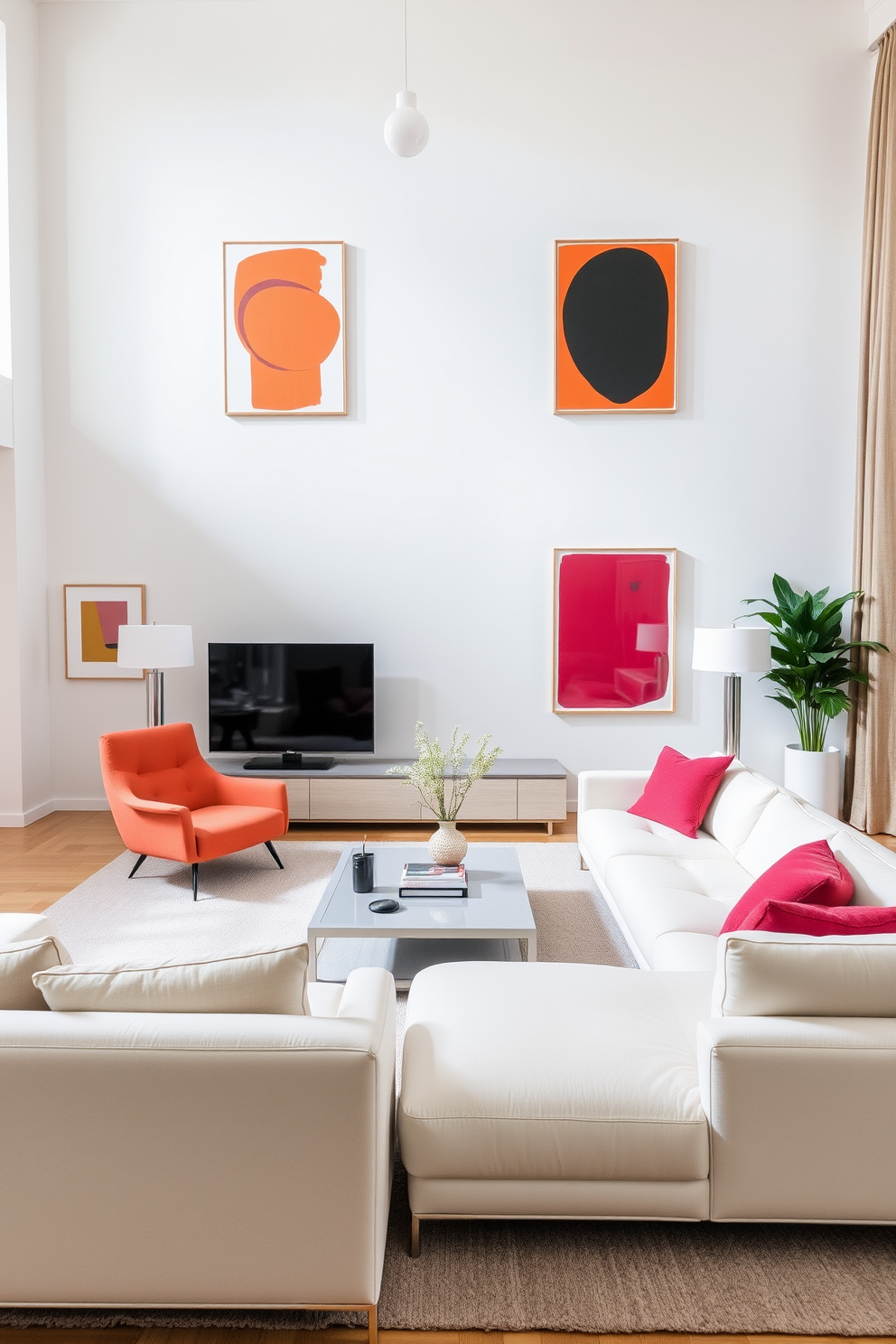 A minimalist living room features a neutral color palette with sleek furniture and clean lines. Boldly colored artwork hangs on the walls, adding vibrant accents that draw the eye and create a focal point in the space.