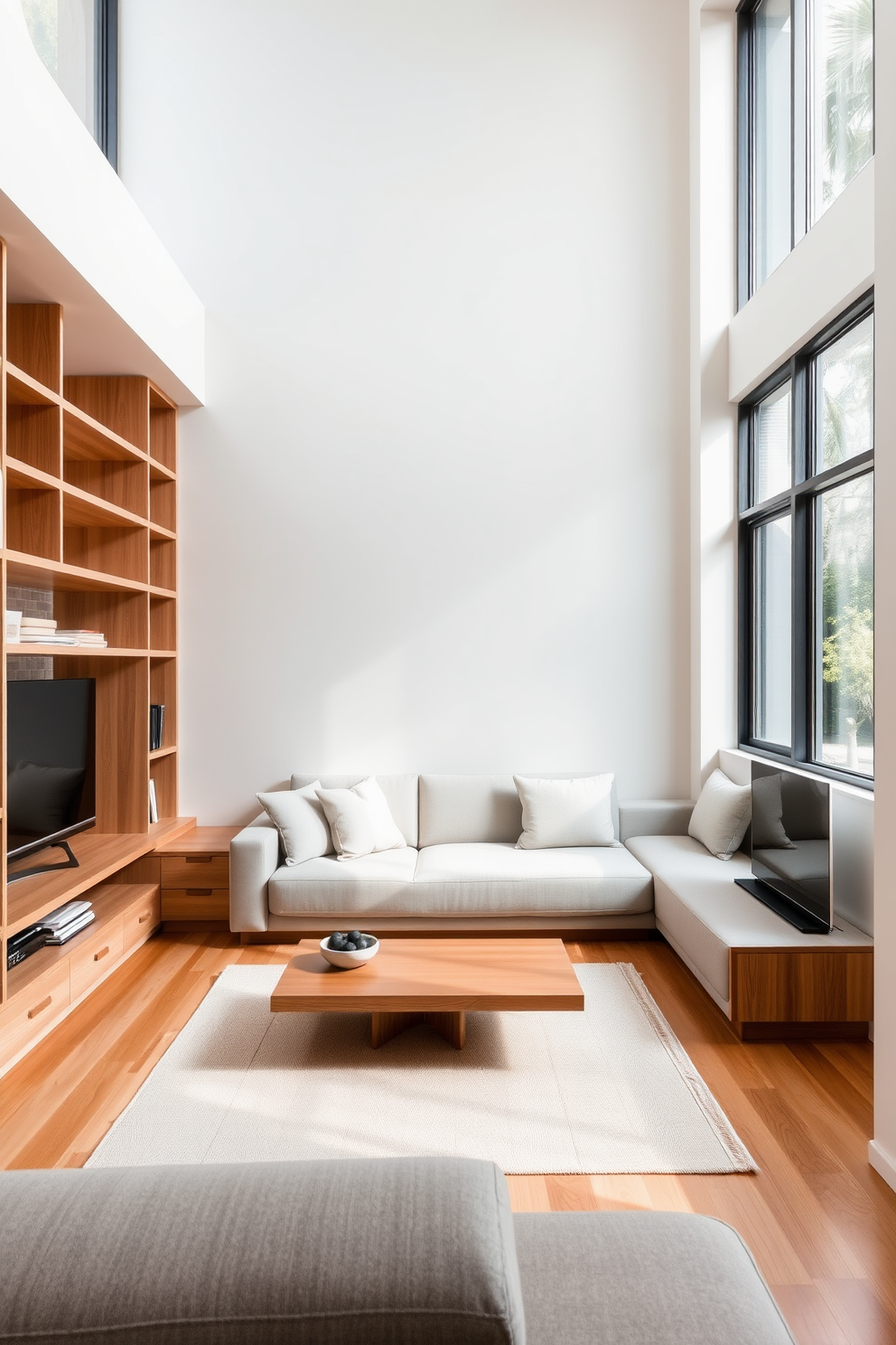 A minimalist living room features a neutral color palette with soft textures. Plush soft throws are draped over a sleek modern sofa, creating cozy accents that invite relaxation. Large windows allow natural light to flood the space, highlighting the simplicity of clean lines and open areas. A low-profile coffee table sits in front of the sofa, adorned with a few carefully chosen decorative items for a touch of warmth.