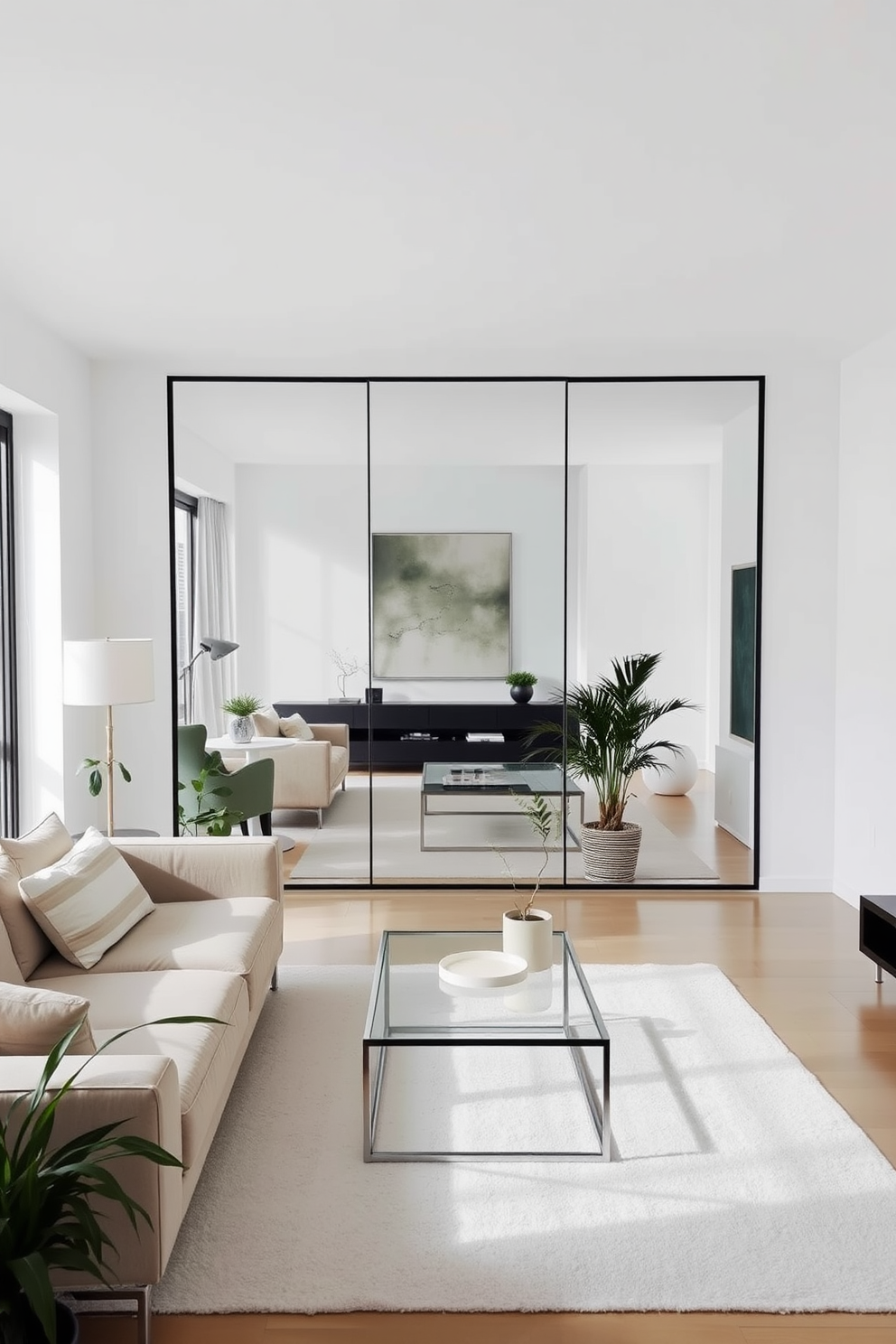 A minimalist living room featuring a large floor-to-ceiling mirror that reflects natural light and makes the space feel larger. The room is adorned with a sleek, low-profile sofa in neutral tones and a simple coffee table made of glass and metal. The walls are painted in a soft white, enhancing the airy feel of the room. A few carefully selected plants add a touch of greenery without overwhelming the minimalist aesthetic.