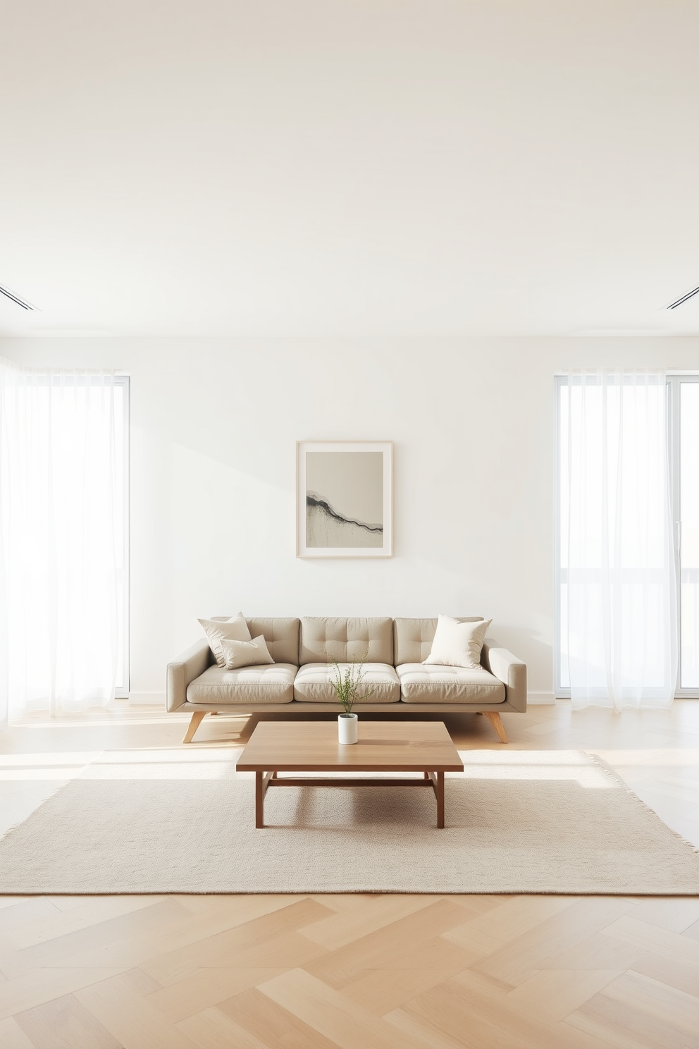 A minimalist living room featuring a sleek low-profile sofa in a neutral color. The walls are painted white and a single piece of abstract art hangs above a simple wooden coffee table. Natural light floods the space through large floor-to-ceiling windows adorned with sheer curtains. A soft area rug in a muted tone anchors the seating area, while a single potted plant adds a touch of greenery.