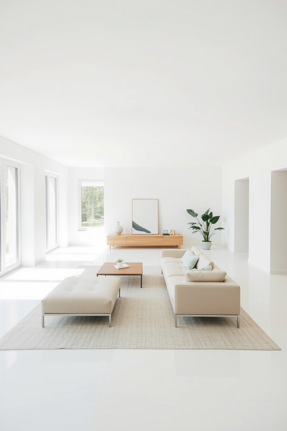 A minimalist living room features an accent wall with subtle texture painted in soft beige. The space includes a sleek, low-profile sofa in a muted tone, complemented by a simple coffee table made of light wood. Natural light floods the room through large windows, enhancing the airy atmosphere. A few carefully selected decorative items are placed on the shelves, maintaining the uncluttered aesthetic.