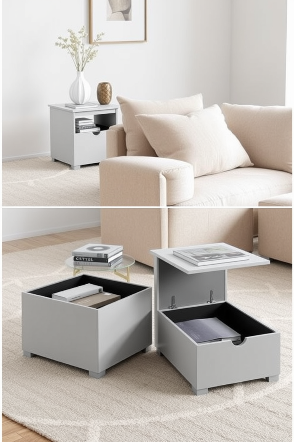 Functional side tables with storage feature clean lines and a sleek design. Each table includes hidden compartments to keep the space organized and clutter-free. The minimalist living room is adorned with neutral tones, emphasizing simplicity and elegance. A plush sofa complements the side tables, creating a harmonious and inviting atmosphere.