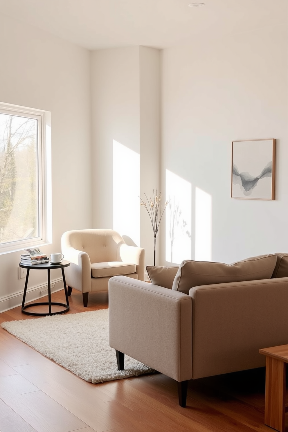 A serene reading nook features a cozy armchair in a soft beige fabric positioned next to a large window that allows natural light to flood the space. A small side table holds a stack of books and a steaming cup of tea, while a plush area rug adds warmth to the hardwood floor. The minimalist living room design showcases a neutral color palette with clean lines and an uncluttered layout. A low-profile sofa faces a simple coffee table, and a single piece of abstract art adorns the wall, creating a tranquil and inviting atmosphere.