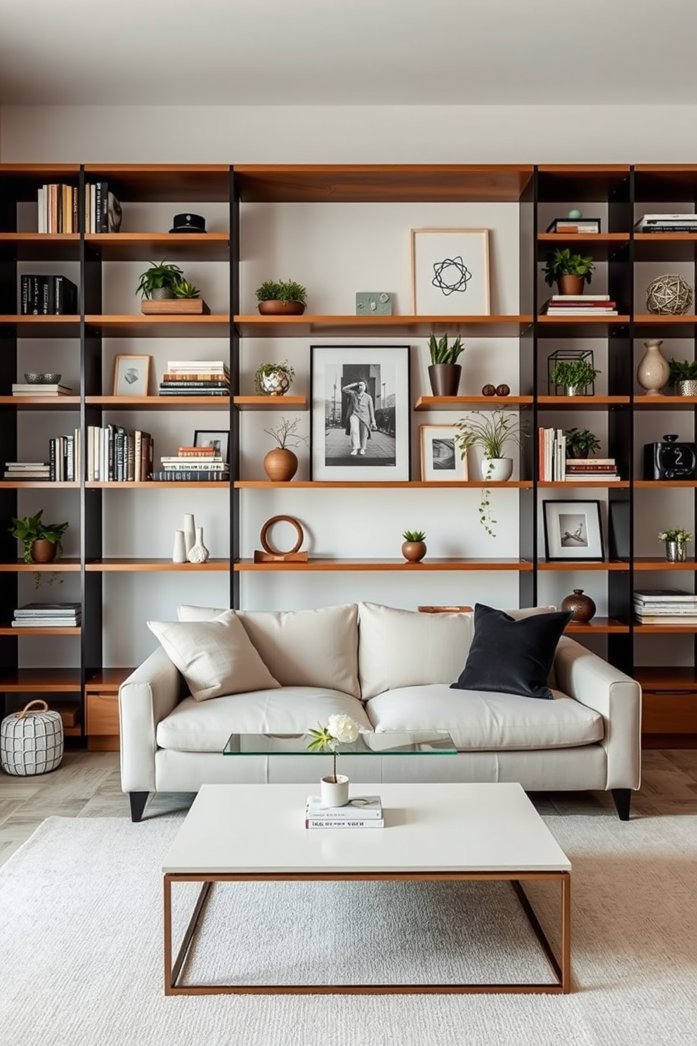 Open shelving lines the walls of a minimalist living room, displaying a curated selection of decor items such as books, plants, and art pieces. The space features a neutral color palette with a plush sofa and a sleek coffee table, creating a serene and inviting atmosphere.