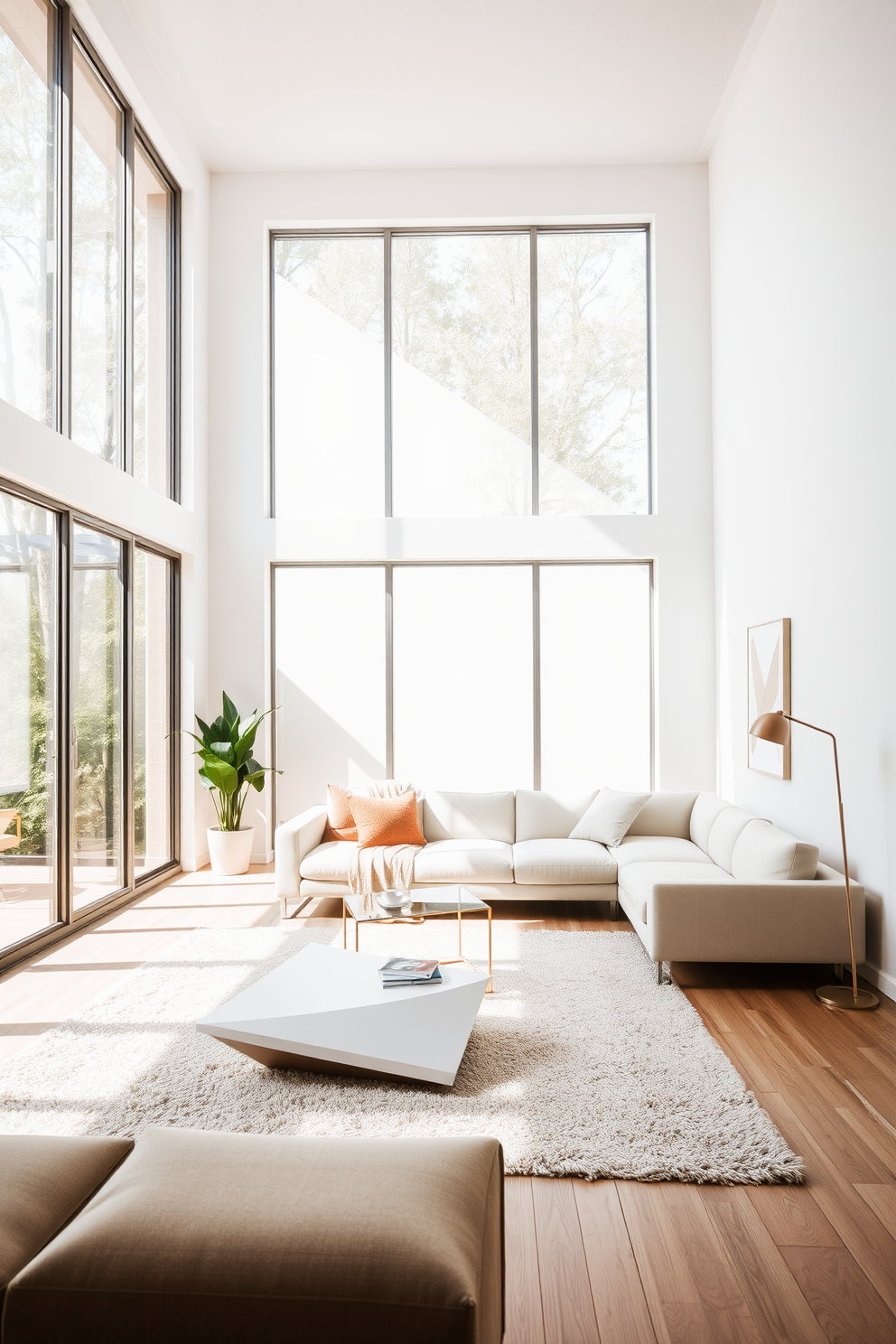 A bright and airy minimalist living room features large windows that allow natural light to flood the space. The room is furnished with a sleek low-profile sofa in a neutral color, complemented by a simple coffee table made of glass and wood. The walls are painted in a soft white tone, enhancing the open space layout. A few carefully selected decorative items, such as a single plant and a minimalist artwork, add subtle character without overwhelming the simplicity of the design.