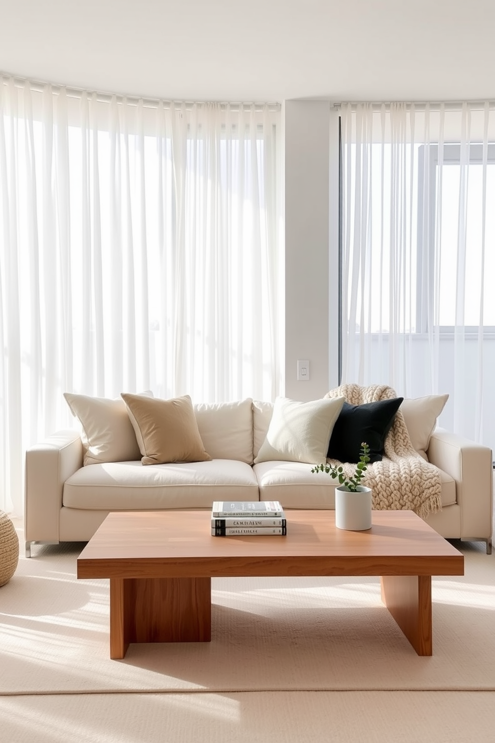 A minimalist living room features a neutral color palette with soft textures that create an inviting atmosphere. Plush cushions in varying shades of beige and cream are layered on a sleek, low-profile sofa, while a chunky knit throw adds warmth to the space. Natural light floods in through large windows adorned with sheer curtains, enhancing the airy feel of the room. A simple wooden coffee table sits at the center, topped with a few carefully curated books and a small potted plant for a touch of greenery.