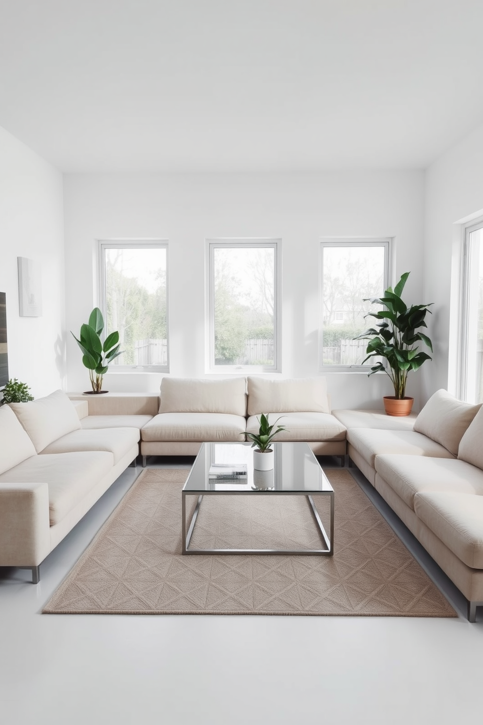 A minimalist living room featuring a large, comfortable sectional sofa in a neutral color. A sleek coffee table made of glass and metal sits in the center, surrounded by potted plants that add a touch of greenery. The walls are painted in a soft white, creating an airy atmosphere. A simple area rug anchors the space, while large windows allow natural light to flood in, enhancing the fresh vibe.