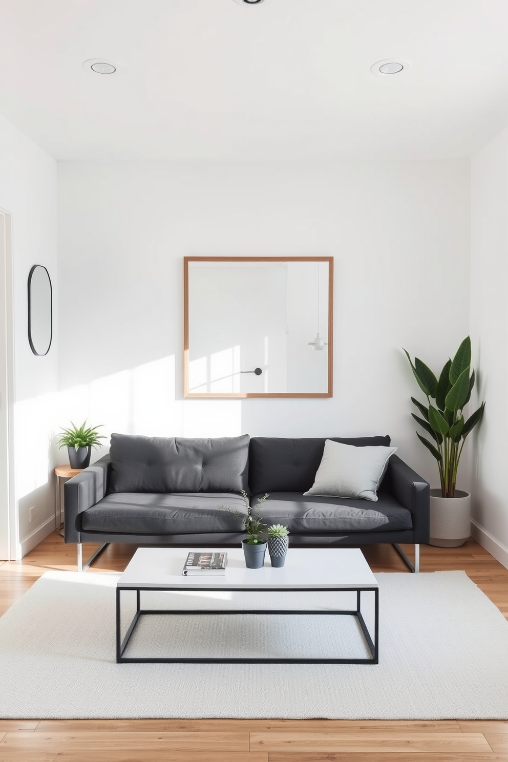 A minimalist living room designed for small spaces features a sleek sofa that doubles as a bed, paired with a compact coffee table that can be expanded for dining. The walls are painted in a soft white tone, and a large mirror reflects light to enhance the sense of space, while a few potted plants add a touch of greenery.