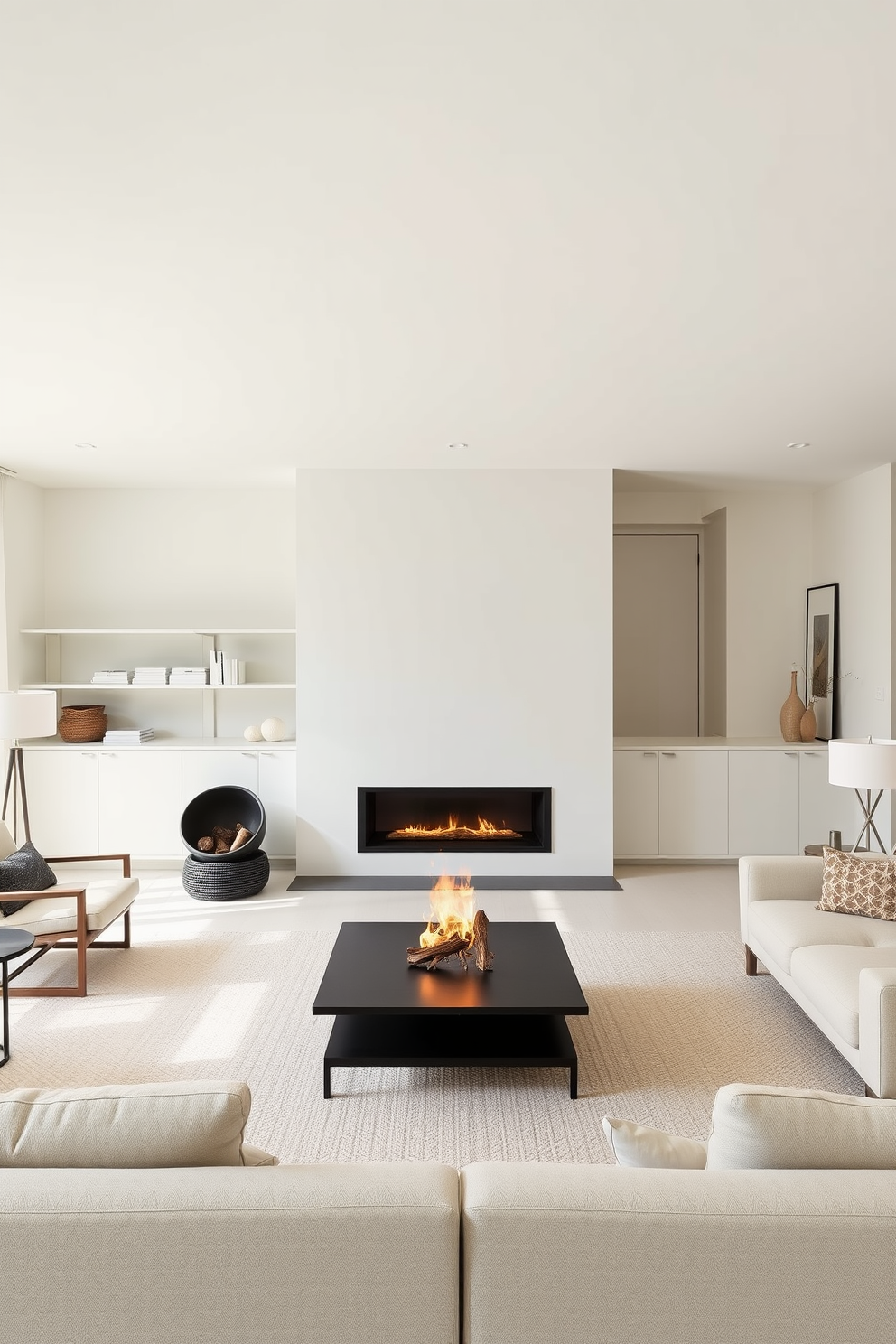 A minimalist living room featuring a modern fireplace as the focal point. The room is adorned with neutral tones, sleek furniture, and an open layout that emphasizes simplicity and comfort.