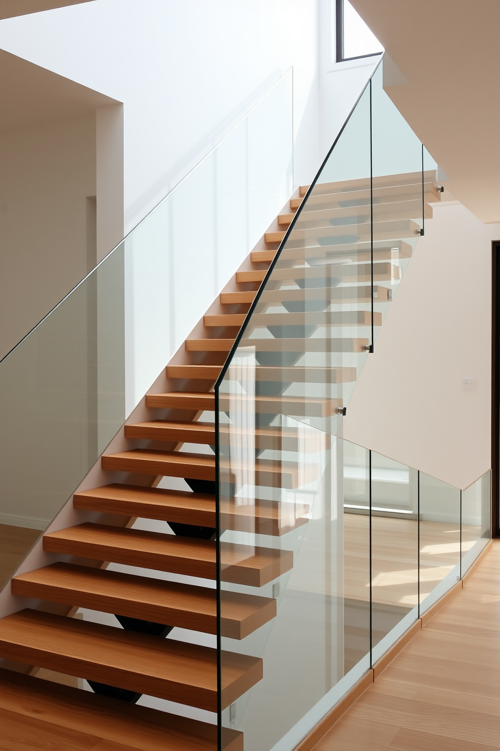 A minimalist staircase featuring floating wooden treads that create a sense of openness and elegance. The staircase is complemented by sleek glass railings that enhance the modern aesthetic while allowing light to flow freely through the space.