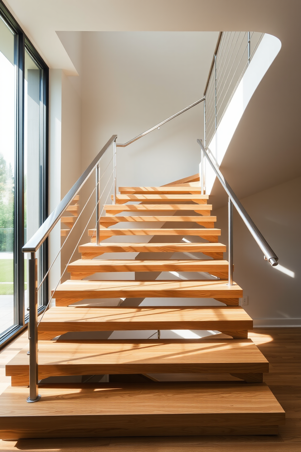 A wooden staircase elegantly curves upwards, seamlessly integrating bookshelves along its sides. The shelves are filled with a curated selection of books and decorative items, creating a warm and inviting atmosphere.