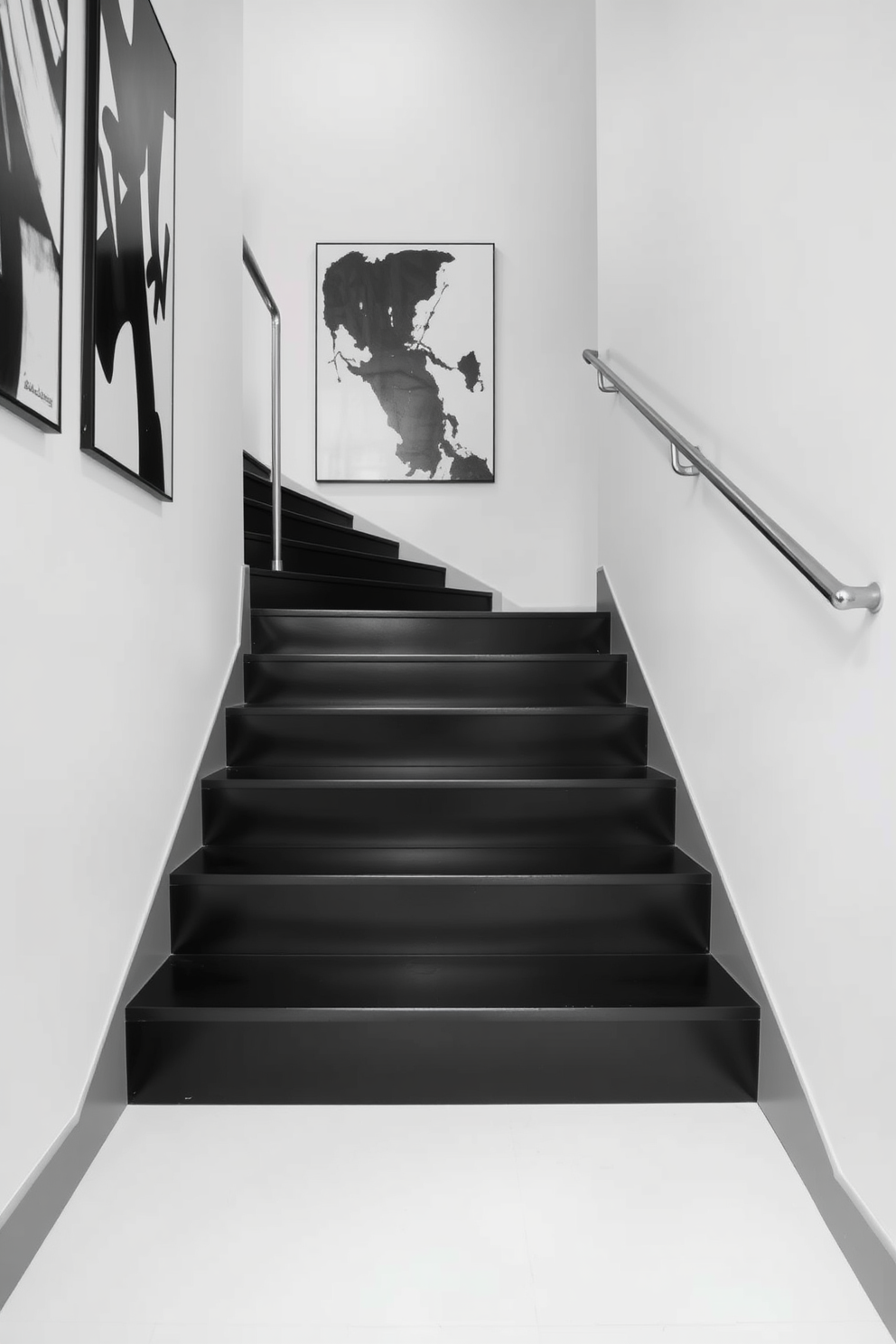 A striking black and white staircase features sleek wooden steps that alternate between deep black and bright white. The handrail is a simple metal design that complements the minimalist aesthetic, while the walls are adorned with abstract art in monochrome tones.