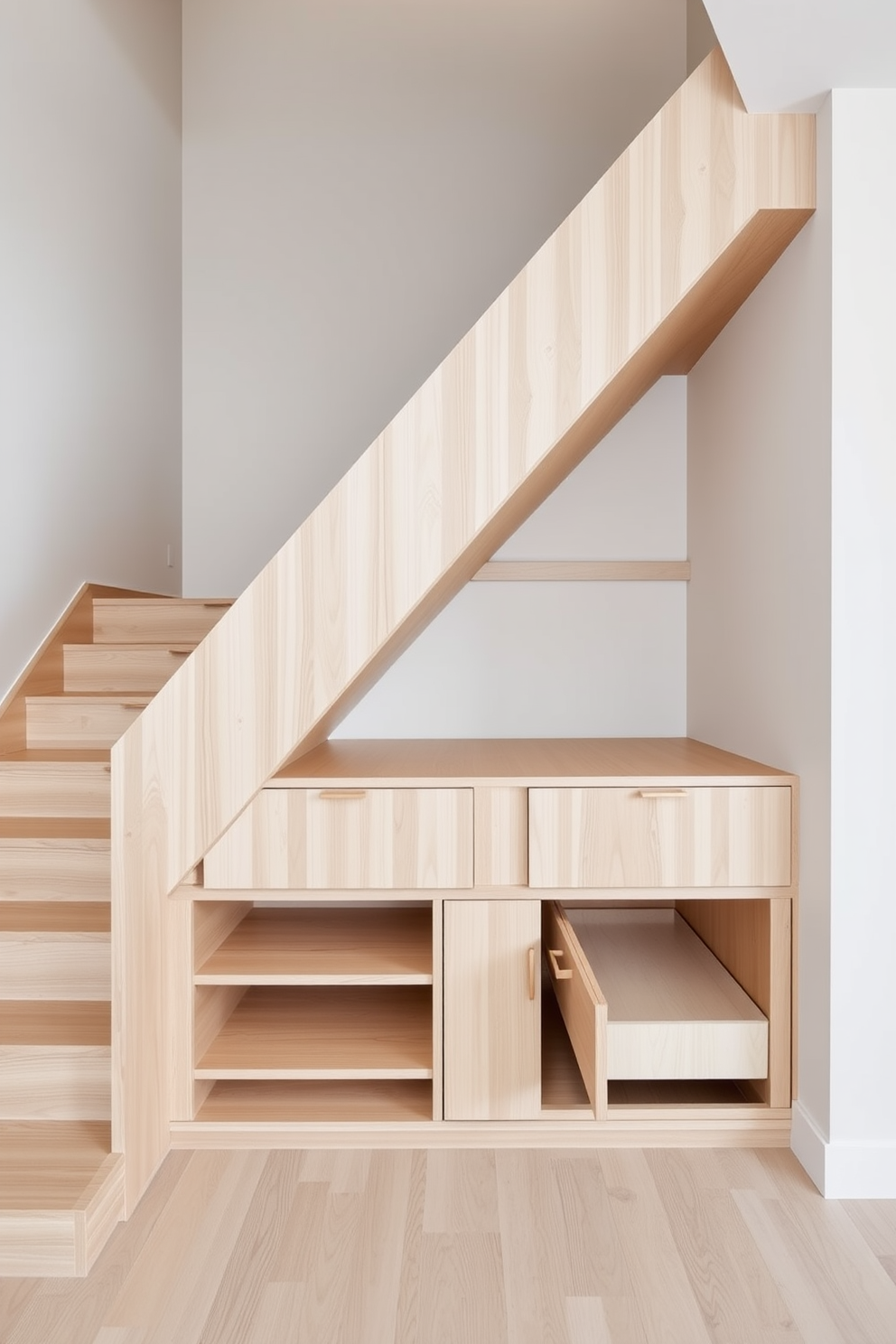 A minimalist staircase design featuring integrated storage solutions beneath the steps. The staircase is constructed from light wood with sleek lines, and the storage area includes built-in shelves and drawers that blend seamlessly with the staircase structure.