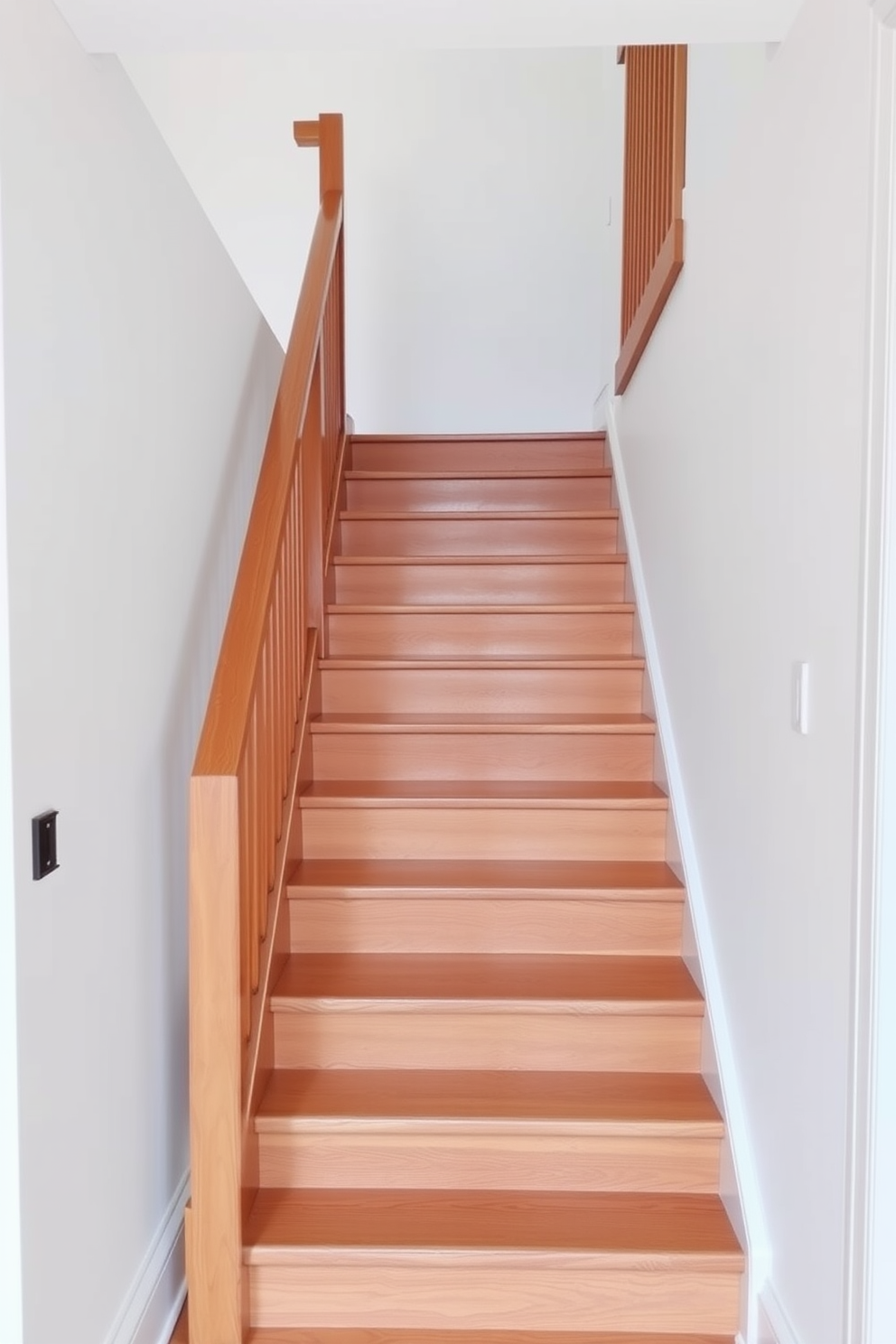 A wooden staircase with sleek minimalist handrails ascends gracefully to the upper level. The steps are crafted from rich hardwood, showcasing a warm tone that enhances the airy atmosphere of the space. The handrails are simple and unobtrusive, emphasizing clean lines and a modern aesthetic. The surrounding walls are painted in a soft white, allowing the staircase to be a focal point of the home.