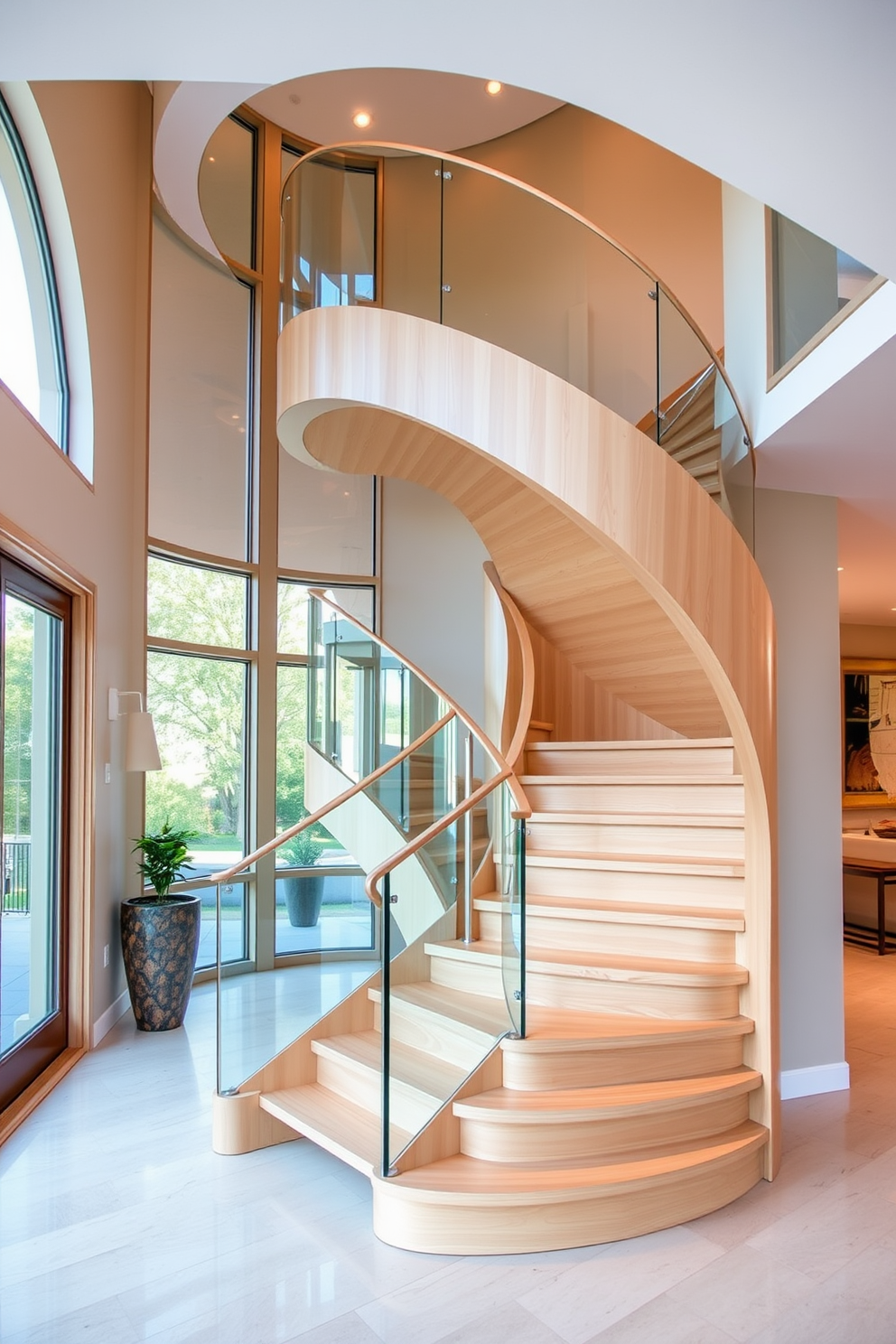 A sculptural staircase serves as the centerpiece of the entryway. Its elegant curves and clean lines create a striking visual impact that draws the eye upward. The staircase is finished in a light wood, complemented by a glass railing that enhances the sense of openness. Soft, ambient lighting highlights its unique shape and adds a touch of sophistication to the space.