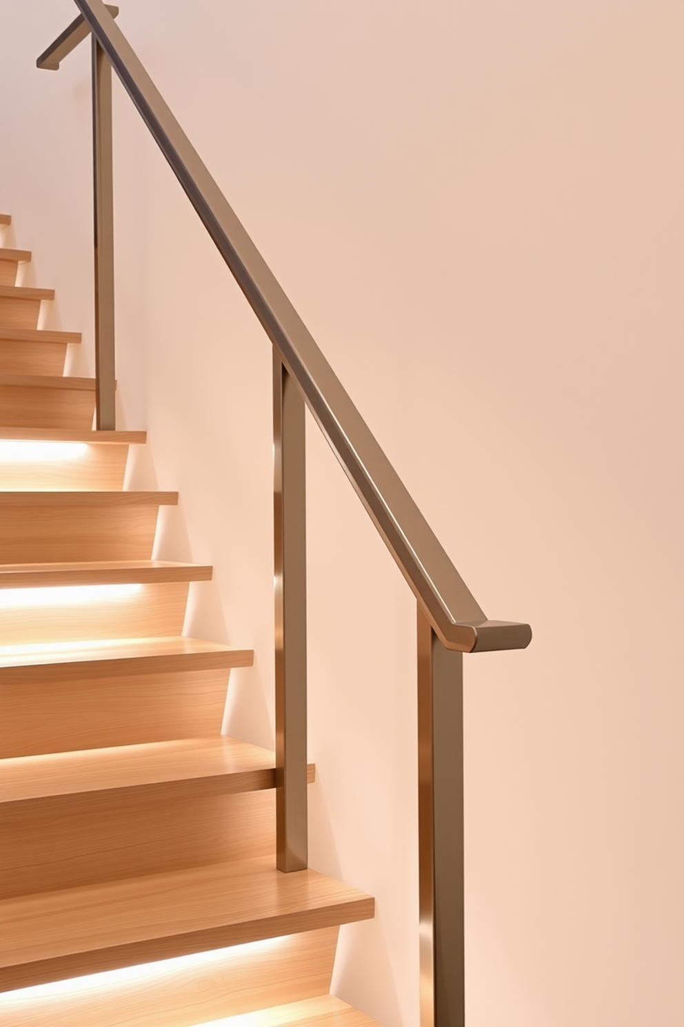 A sleek minimalist staircase with built-in lighting features elegantly illuminates each step. The handrail is a simple metal design, and the stairs are crafted from light wood, creating a harmonious blend of functionality and style.