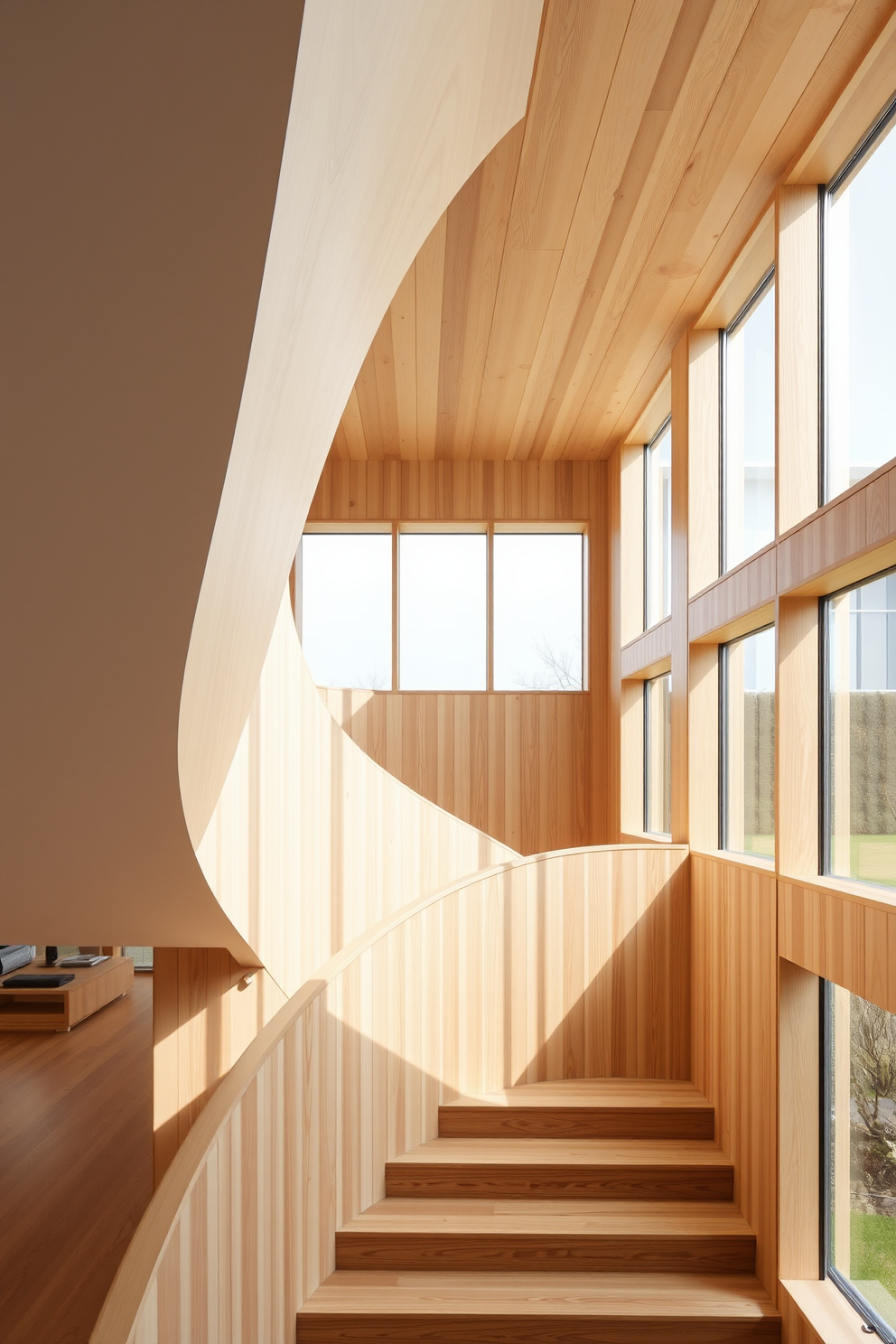 A sculptural staircase serves as the centerpiece of the room, featuring a flowing design that captures the eye. Made from a combination of wood and metal, the staircase seamlessly blends elegance with functionality. The surrounding walls are painted in crisp white, enhancing the staircase's striking silhouette. Natural light floods the space through large windows, casting dynamic shadows that highlight the staircase's unique form.