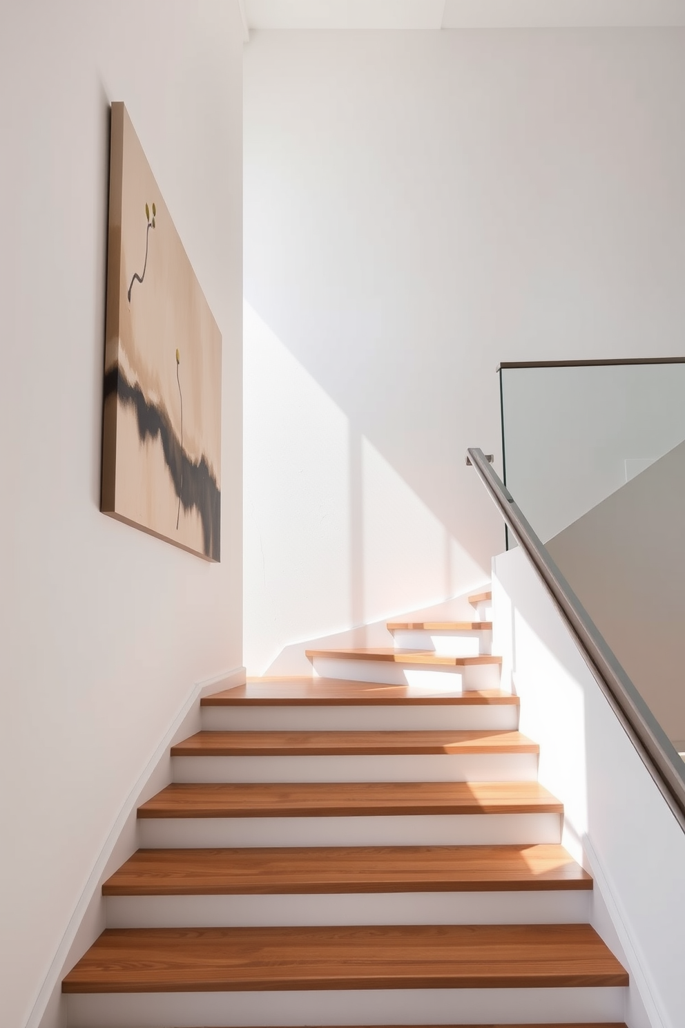 A sleek staircase ascends gracefully, flanked by a smooth white wall adorned with a single large abstract painting in muted tones. The steps are made of polished wood, and a simple glass railing complements the minimalist aesthetic, allowing light to flow freely through the space.