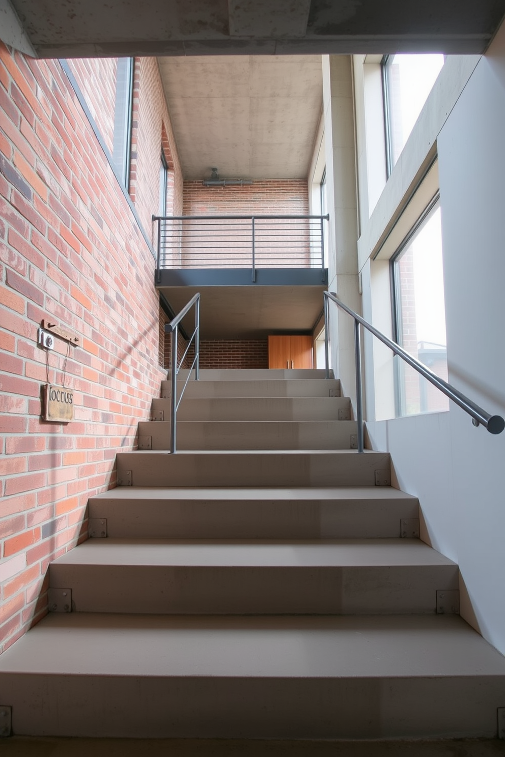 A series of simple concrete steps leads up to a spacious loft, showcasing an industrial vibe. The steps are unadorned, with a raw finish that complements the exposed brick walls surrounding the area. The minimalist staircase design features sleek metal railings that enhance the clean lines of the structure. Large windows allow natural light to flood the space, highlighting the contrast between the concrete and warm wooden accents.