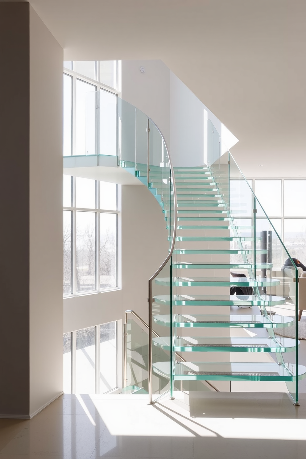 A stunning glass staircase that enhances the open concept feel of the space. The staircase features sleek, transparent panels and minimalist metal railings, allowing light to flow freely throughout the area. The design incorporates floating steps that create an airy and modern aesthetic. Natural light pours in from large windows, illuminating the elegant lines and simplicity of the staircase.