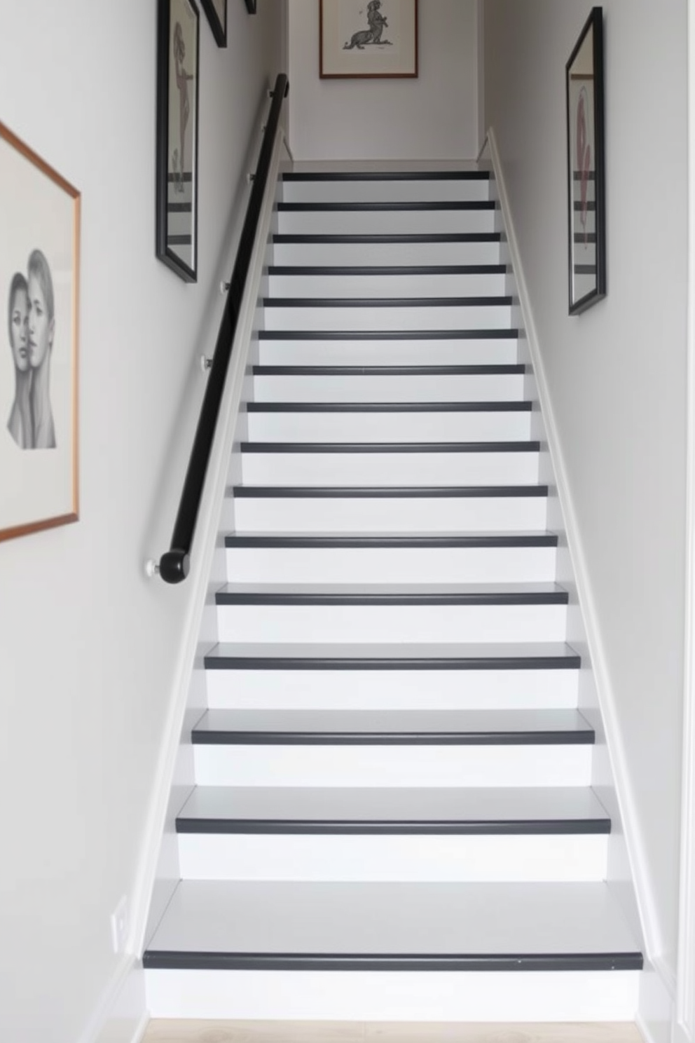 A sleek minimalist staircase features monochrome painted stair risers that create a striking visual impact. The surrounding walls are adorned with simple art pieces that complement the clean lines of the staircase.